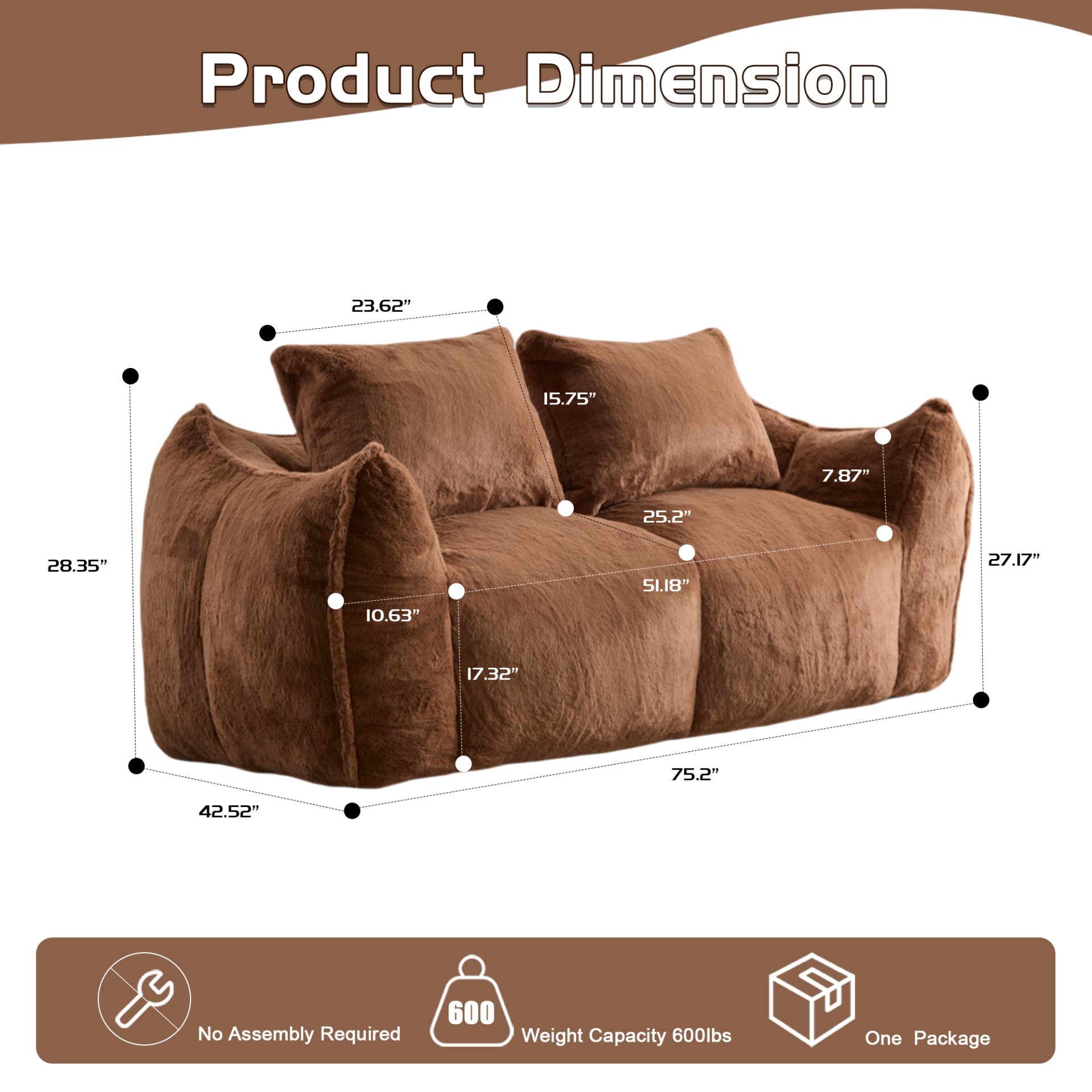 Giant Bean Bag Couch, Ultra Soft Fluffy Loveseat For Living Room Reading Chair With Pillows - Brown - Image 3