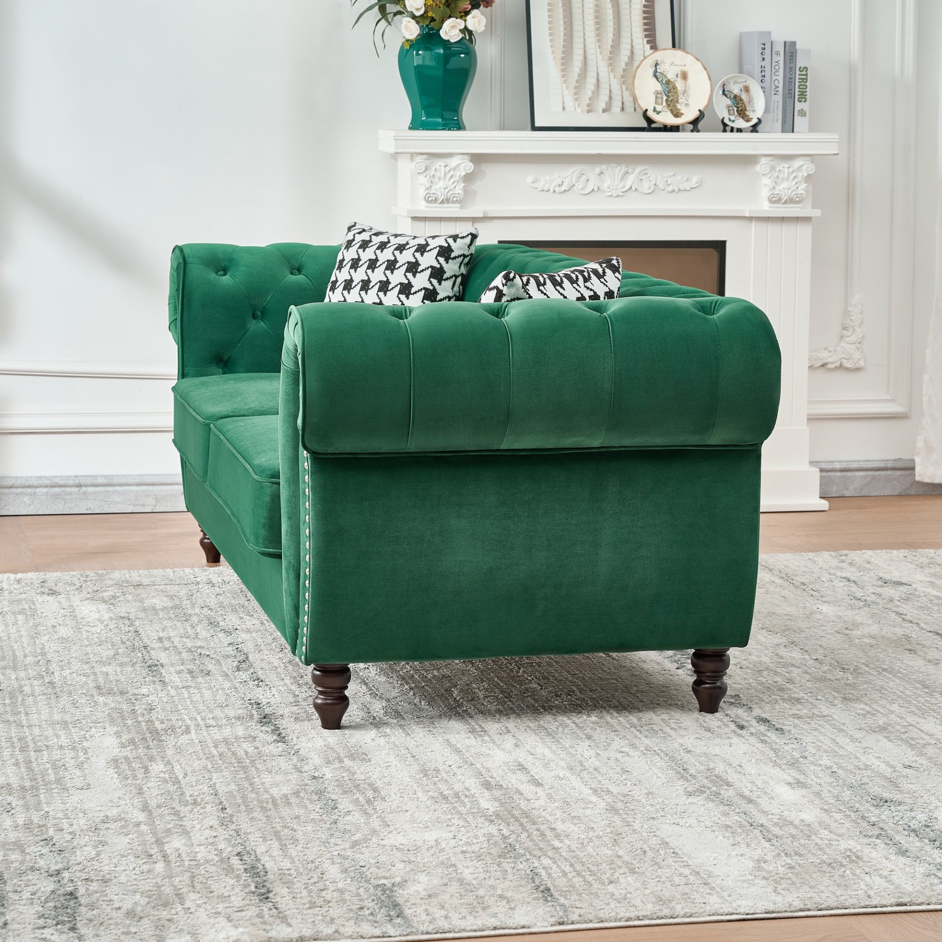 Chesterfield Sofa With Roll Armrest & Nailhead, 3 And 2 Seater - Green - Image 4