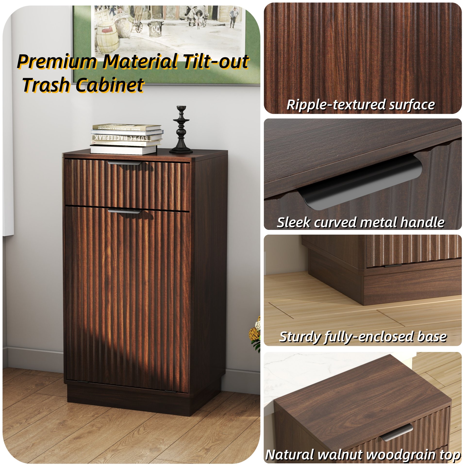 Tilt Out Trash Can Cabinet With Wave Textured Drawer & Pull Out Bin - Walnut - Image 8