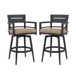 Outdoor Swivel Bar Chairs, 360 Degree Rotation With Ergonomic Backrest (Set of 2) - Ember Black / Linen Sesame
