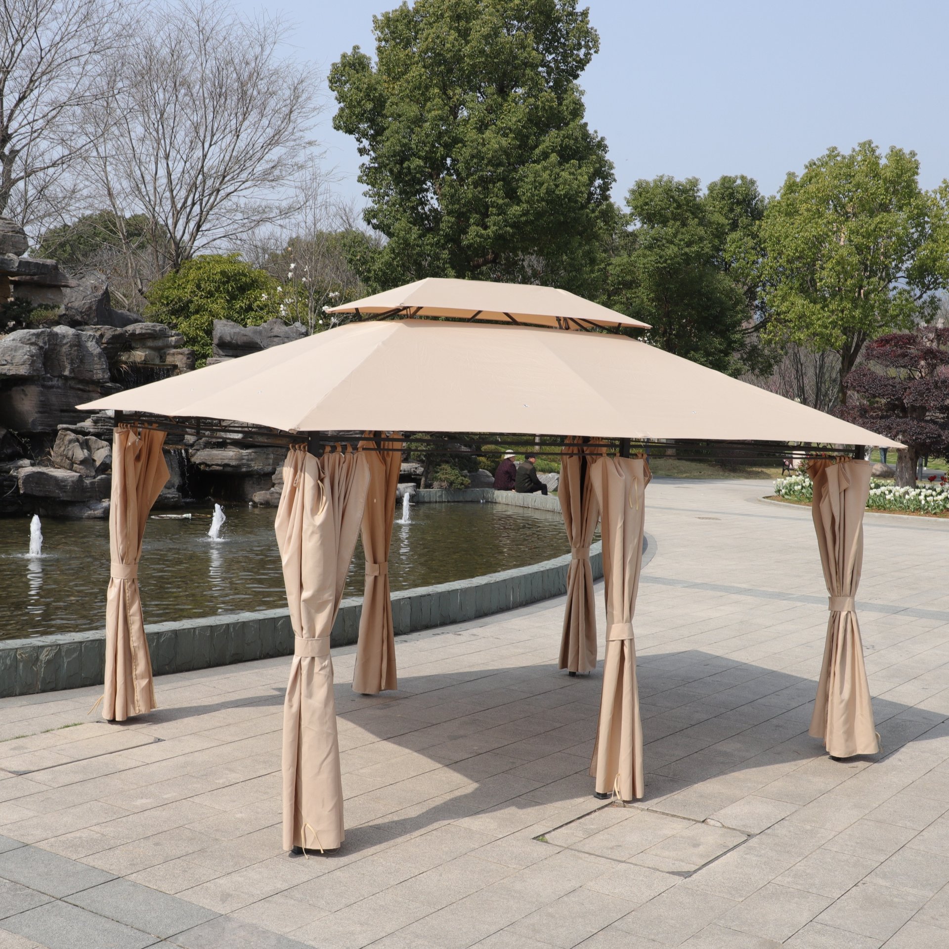 Outdoor Patio Gazebo Canopy Tent With Ventilated Double Roof And Mosquito Net, 13X10 Ft - Khaki - Image 7