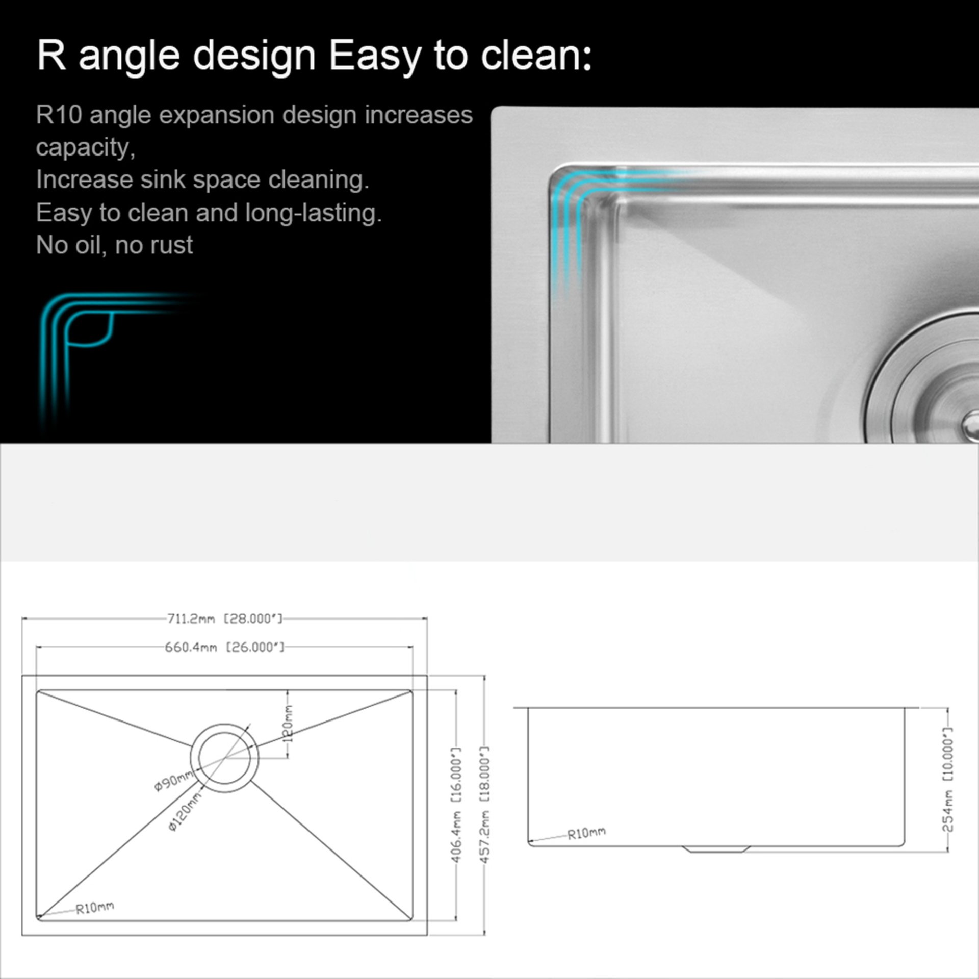 28" Undermount Kitchen Sink With, 10" Deep, Single Bowl, Rounded Corners - Brushed Nickel - Image 3