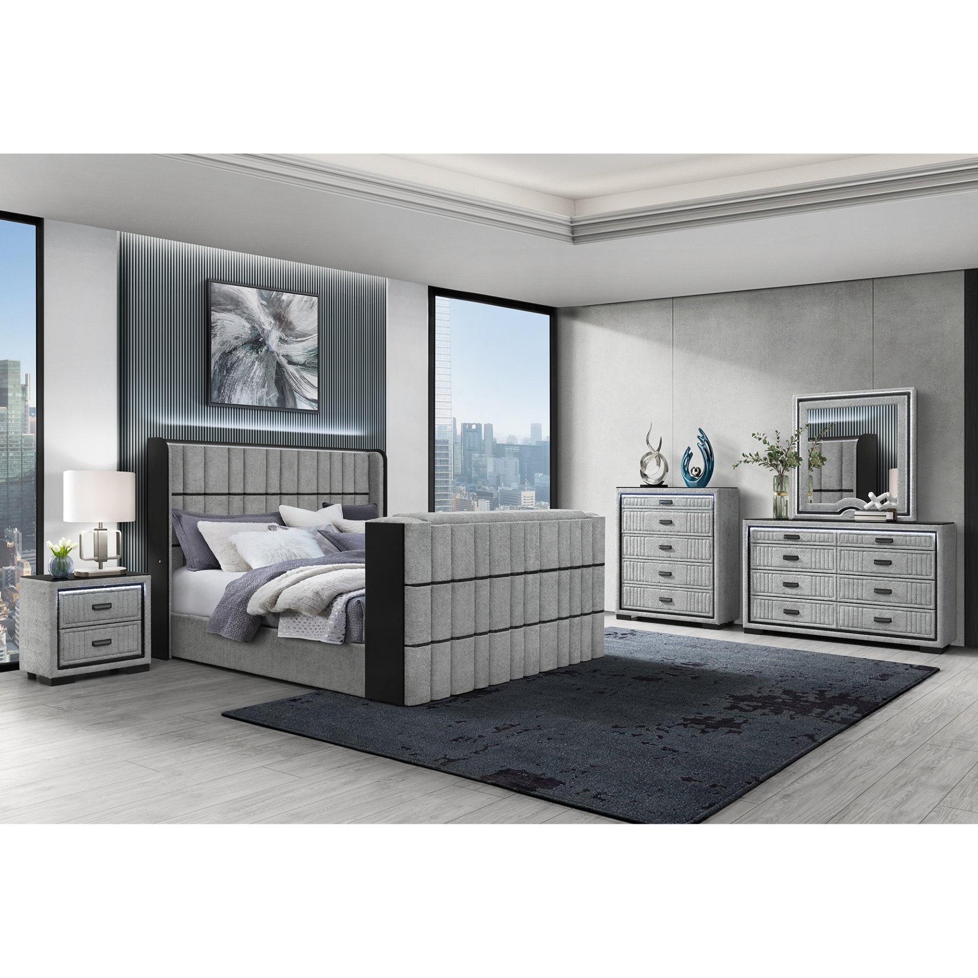 Isaiah - Queen 5 Piece Bedroom Set With 50" TV Lift LED, Speakers And Fireplace - Grey - Image 9