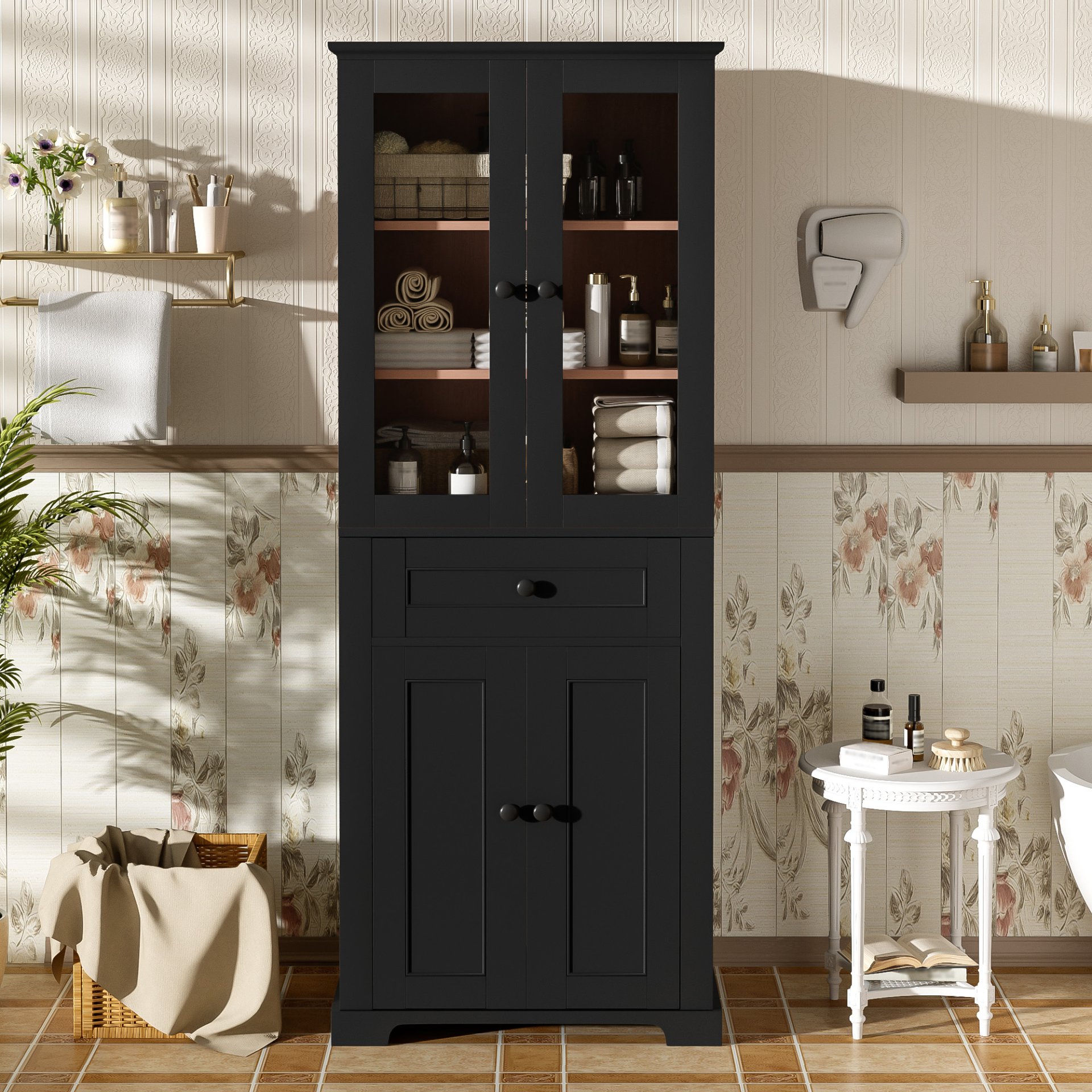 Bathroom Storage Cabinet, Adjustable Shelves & Drawer, Freestanding Linen Tower - Black - Image 2