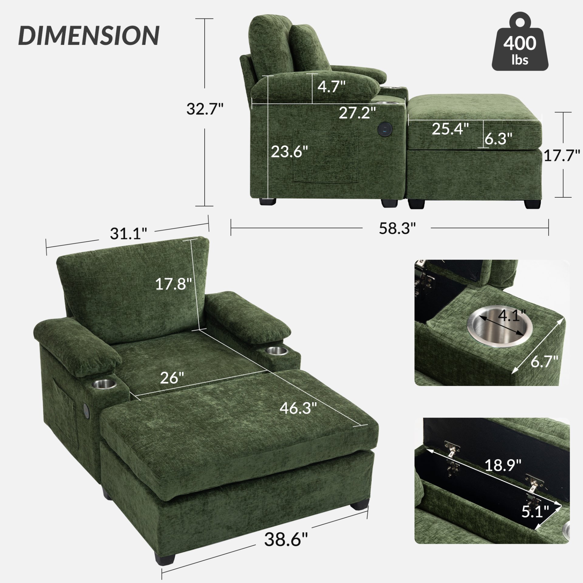 Modern Oversized Chair With Ottoman, Chenille Fabric Sofa Bed, Accent Chair Comfy Sofa With Cupholders And USB Charging Ports Chair For Living Room - Green - Image 3