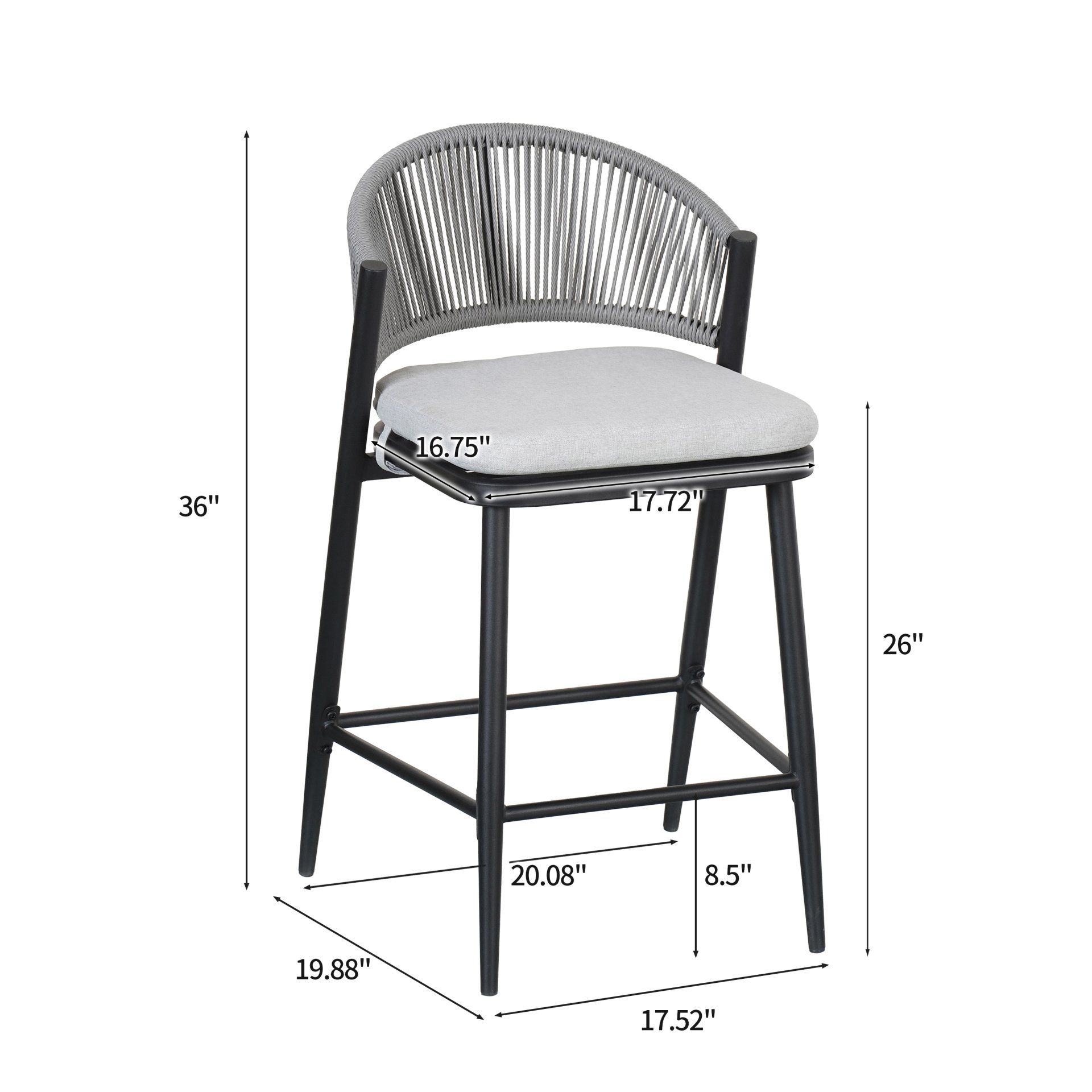 Outdoor Counter Height Metal Frame Counter Stools With Scallop Shaped Backrest & Water Resistant Cushions (Set of 2) - Matte Black - Image 3