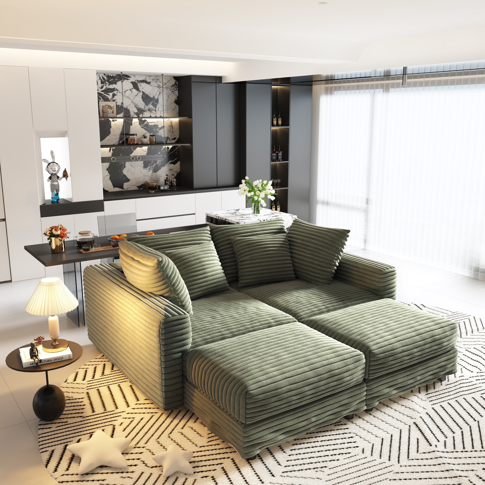 4 Seat Sofa, Deep Seat Couches With Soft Pillows And 2 Ottomans, Convertible Sofa Lounge Chair, For Living Room - Green - Image 10