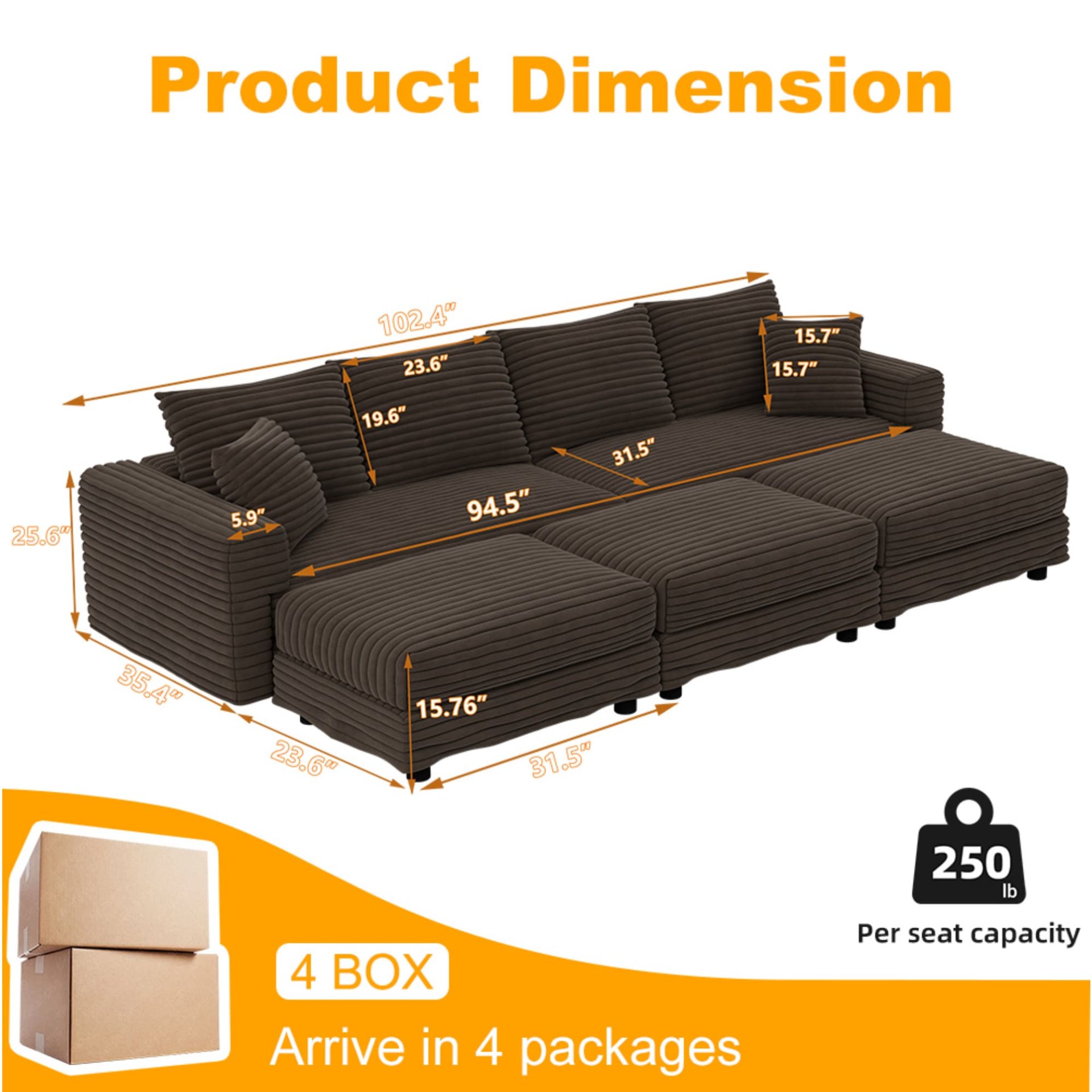 4 Seat Sofa, Deep Seat Couches With Soft Pillows And 3 Ottomans, Convertible Sofa Lounge Chair, For Living Room - Camel - Image 10