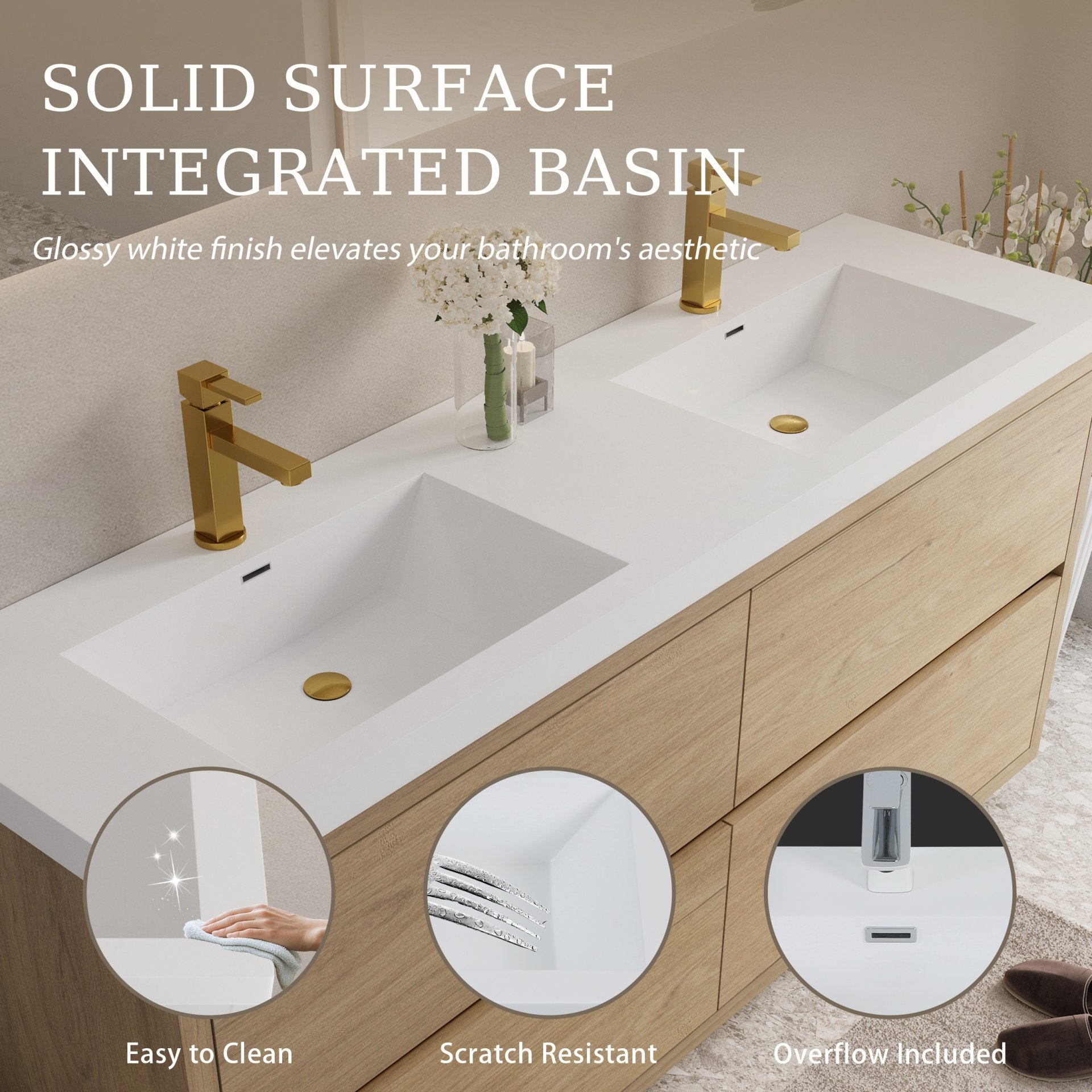 Bathin Freestanding Bathroom Vanity With Double Sinks, Bathroom Storage Vanity Cabinet With Stone Resin Countertop And Soft Close Drawers - Natural Oak - Image 4