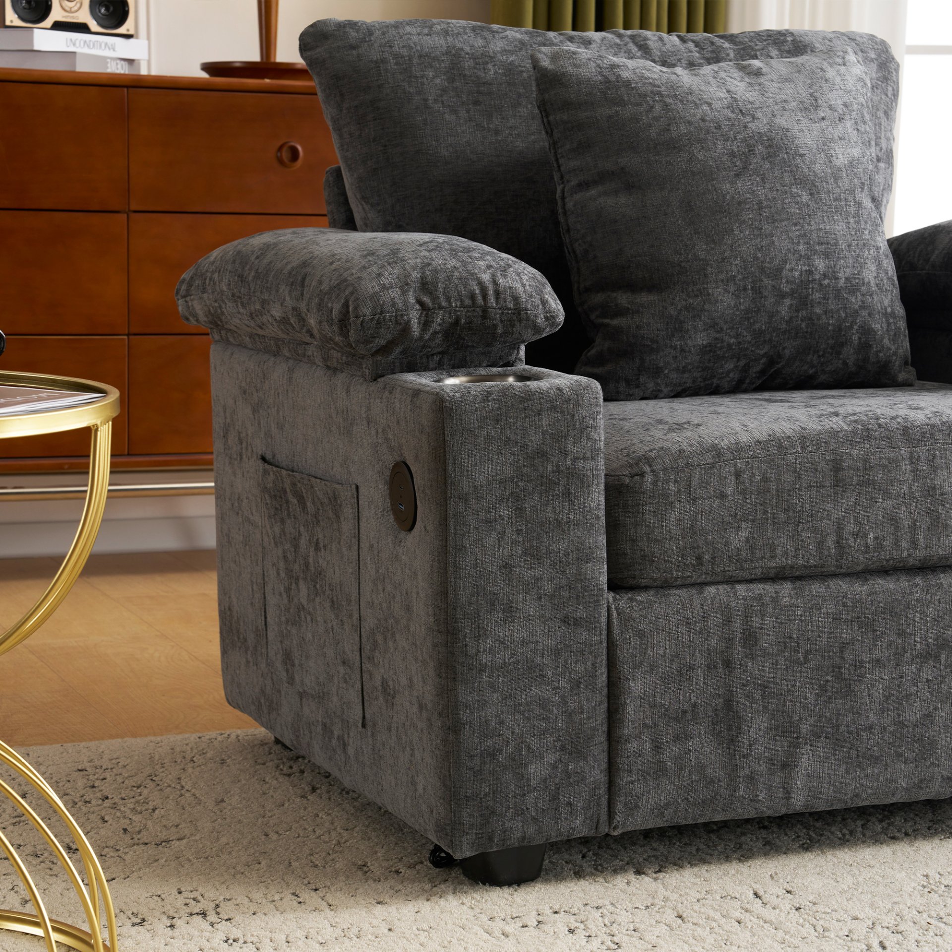 Modern Oversized Chair With Ottoman, Chenille Fabric Sofa Bed, Accent Chair Comfy Sofa With Cupholders And USB Charging Ports Chair For Living Room - Dark Gray - Image 6