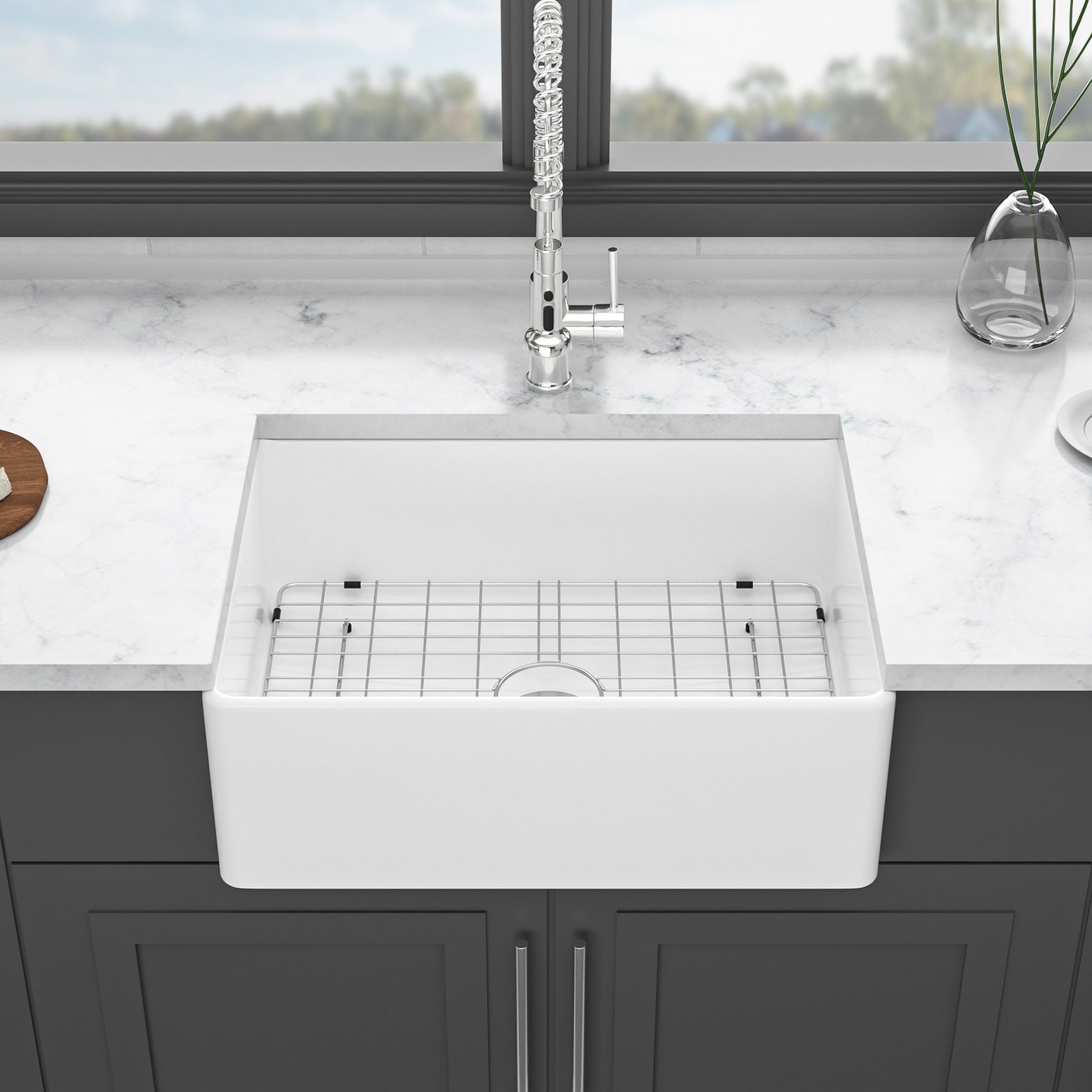 28" Farmhouse Sink Ceramic Single Bowl With Drain Assembly And Bottom Grid - White - Image 4