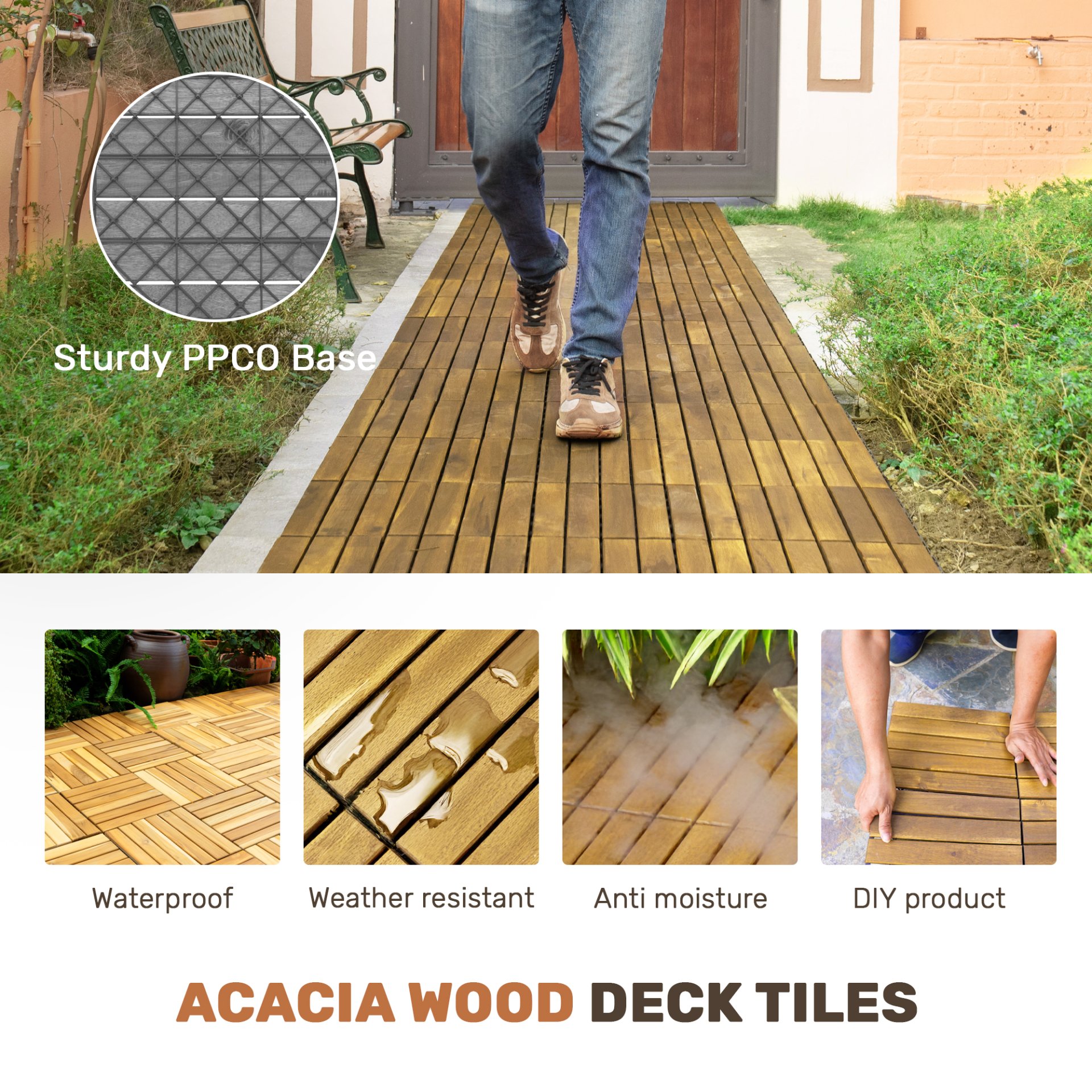 10 Piece Interlocking Deck Tiles Striped Pattern, Square Acacia Hardwood Outdoor Flooring For Patio, Bancony, Pool Side - Yellow - Image 25