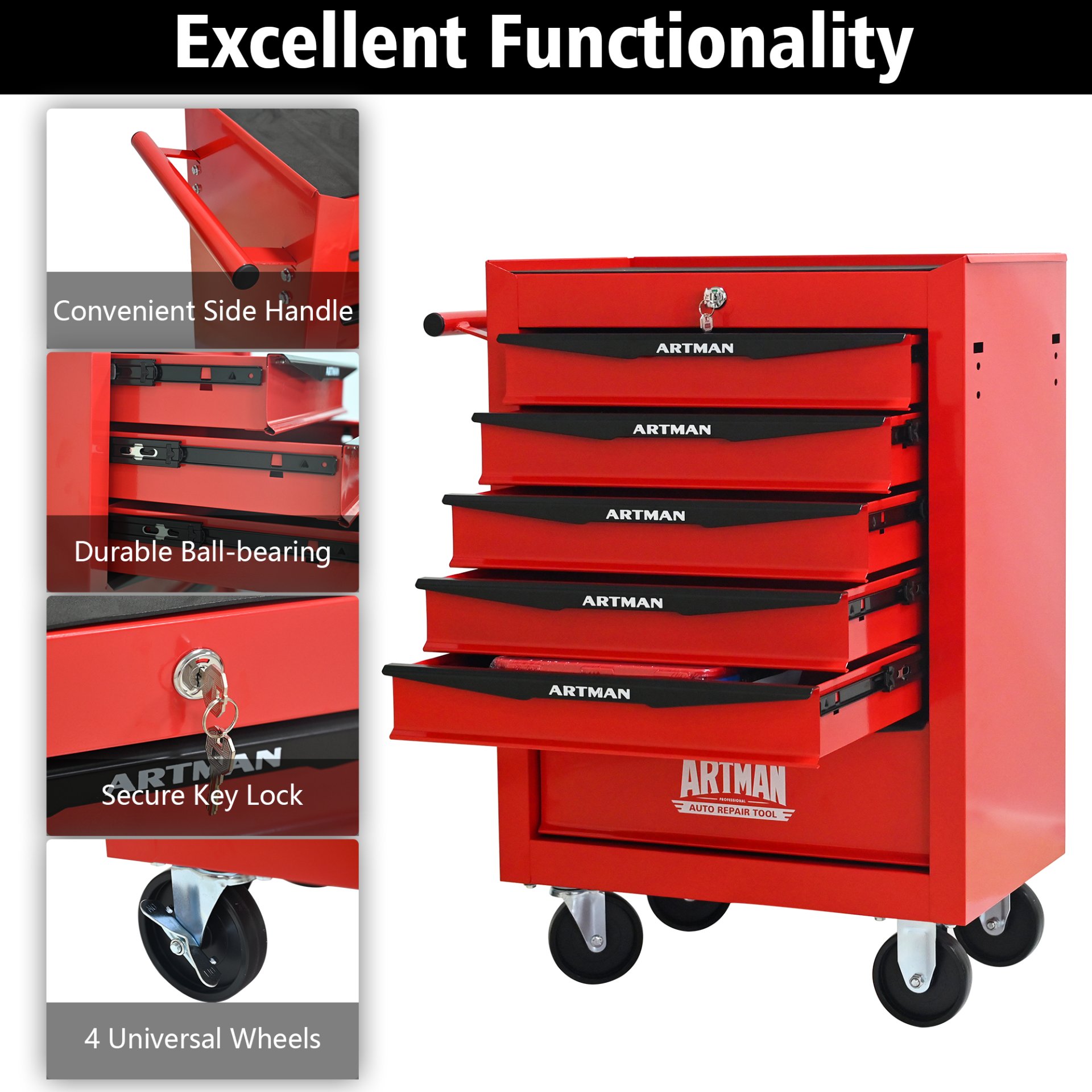 Rolling Metal Tool Chest With 6 Drawers, 20" Steel Storage Cabinet With Ball Bearing Slides - Red / Black - Image 7