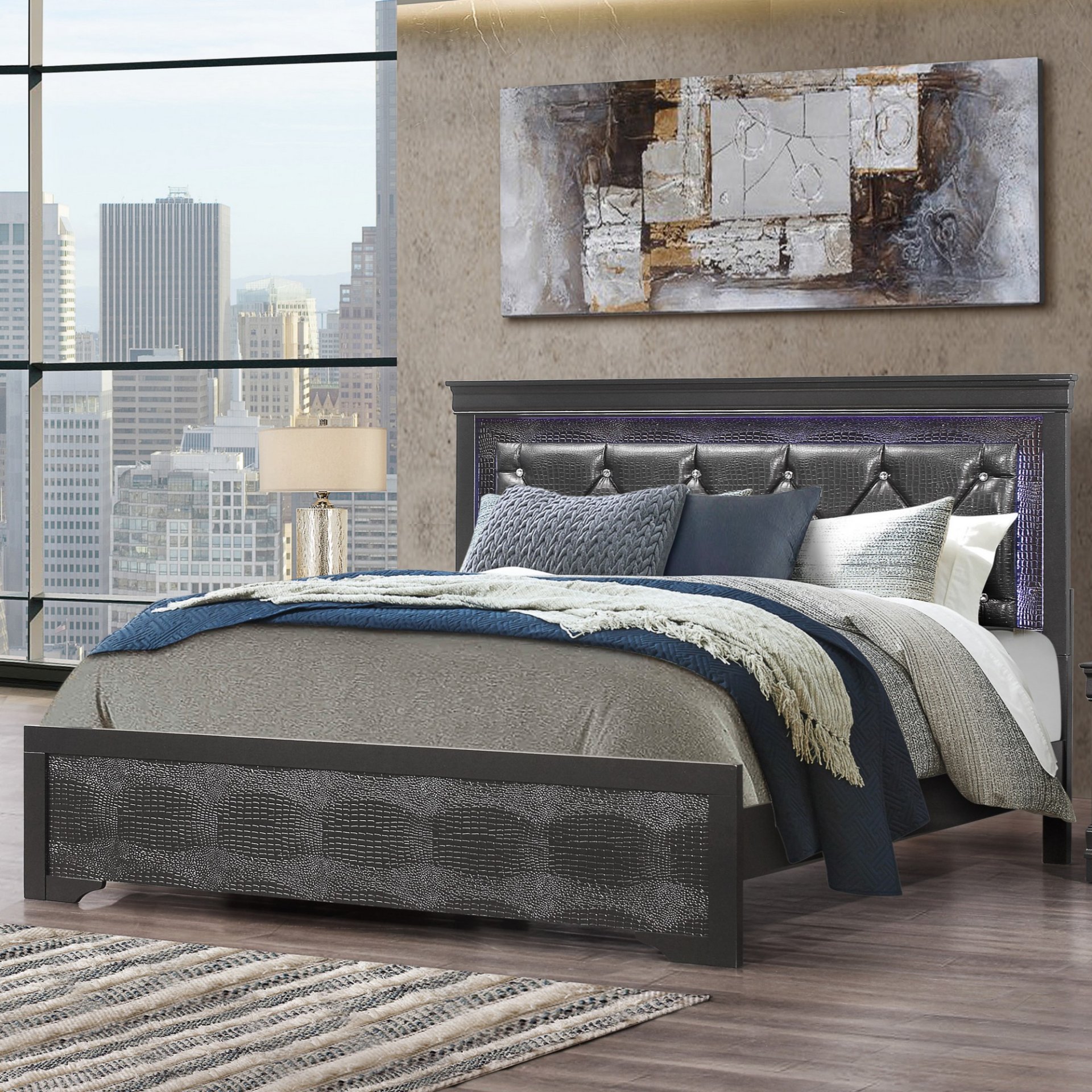 Shaker - Queen Bed With LED Lighting And Crystal Inspired Tufted Headboard - Metallic Gray - Image 2