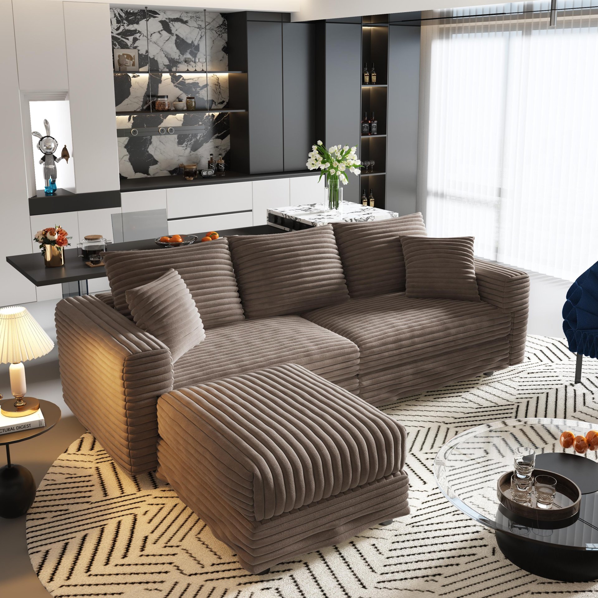 3 Seat Sofa, Deep Seat Couches With Soft Pillows And 1 Ottomans, Convertible Sofa Lounge Chair, For Living Room - Camel - Image 10