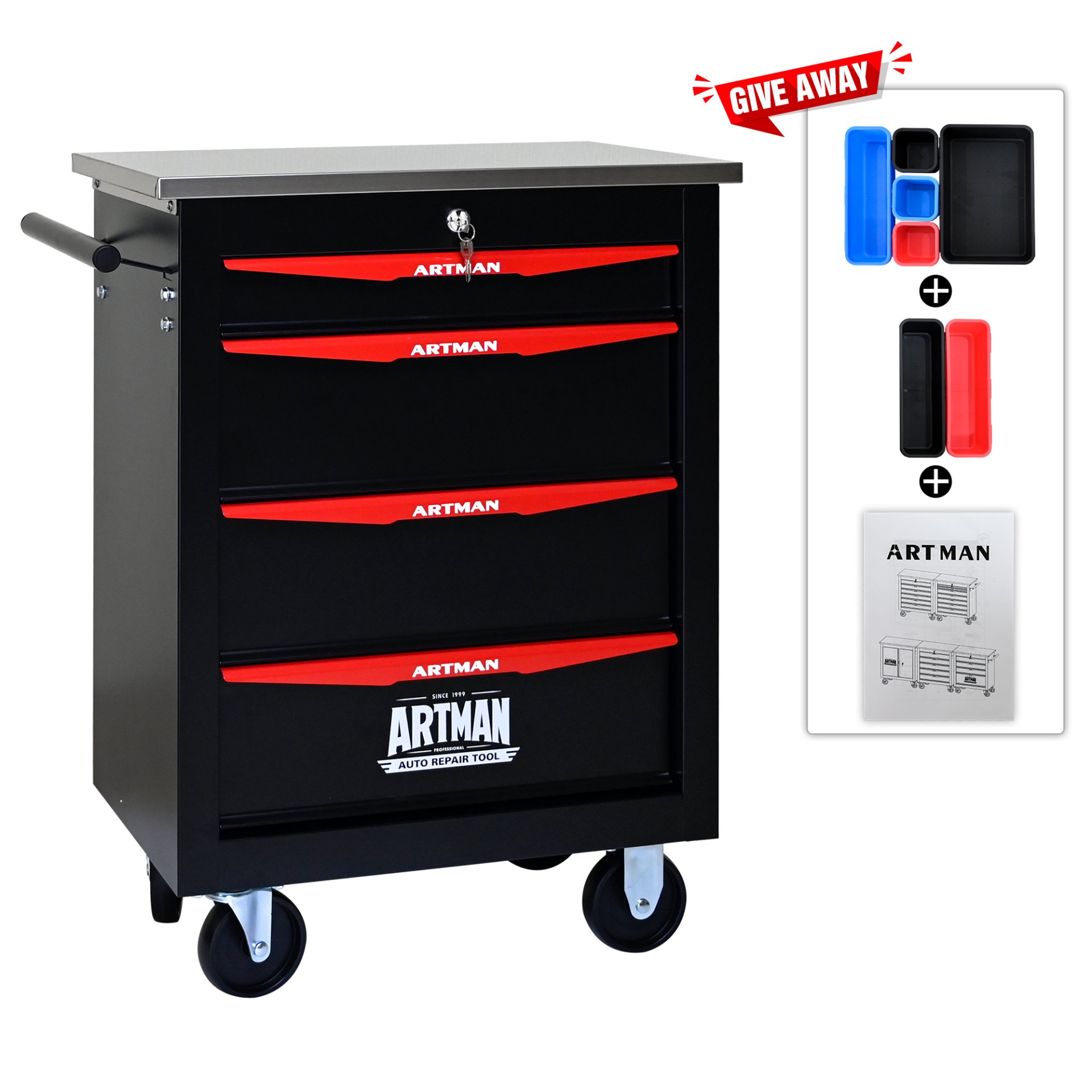 4 Drawer Multifunctional Tool Cart With Wheels, Metal Rolling Tool Cart Storage For Garage Workshop Warehouse Repair Shop With Stainless Steel Roof - Black / Red - Image 6