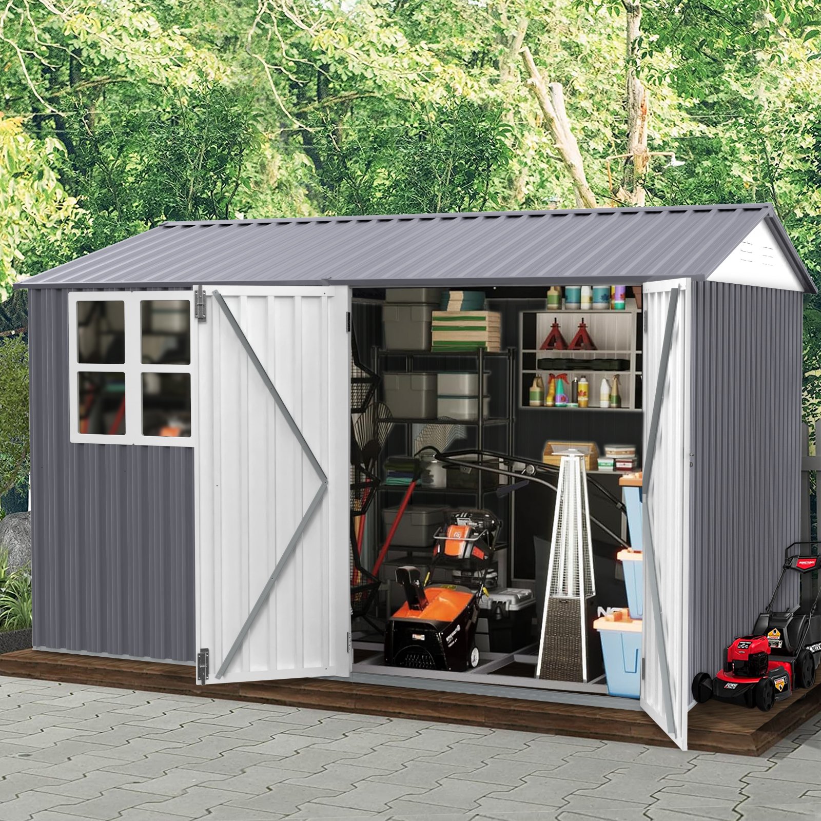 8 0 Ft Outdoor Storage Garden Tool Shed With Thickened Galvanized Steel With Sloped Roof & Double Lockable Door Storage Shed Large With 6 Vents - Gray - Image 8