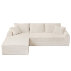 Full Compression Chaise Lounge Set Modular Corduroy Sectional With Arched Armrests Non Slip Base Includes 3 Back Cushions & 2 Throw Pillows - White