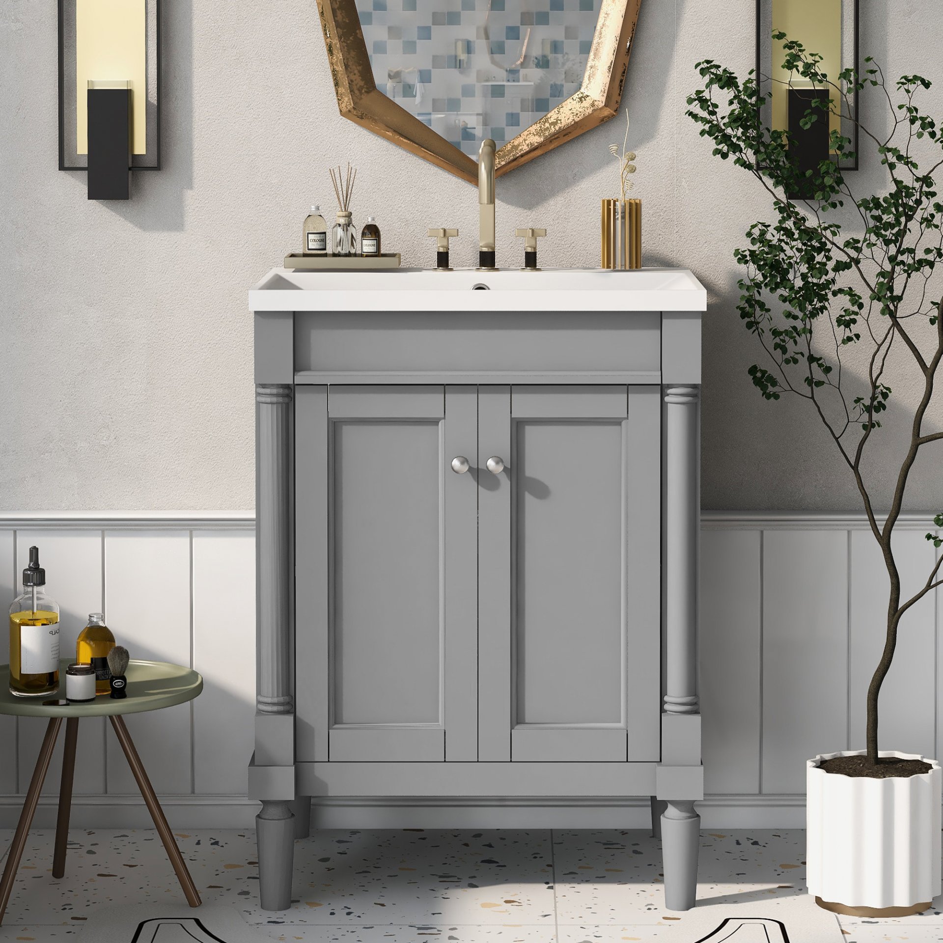 Bathroom Vanity With Top Sink, 2-Tier Modern Bathroom Storage Cabinet, Single Sink Bathroom Vanity, Large Storage Shelves - Gray - Image 3