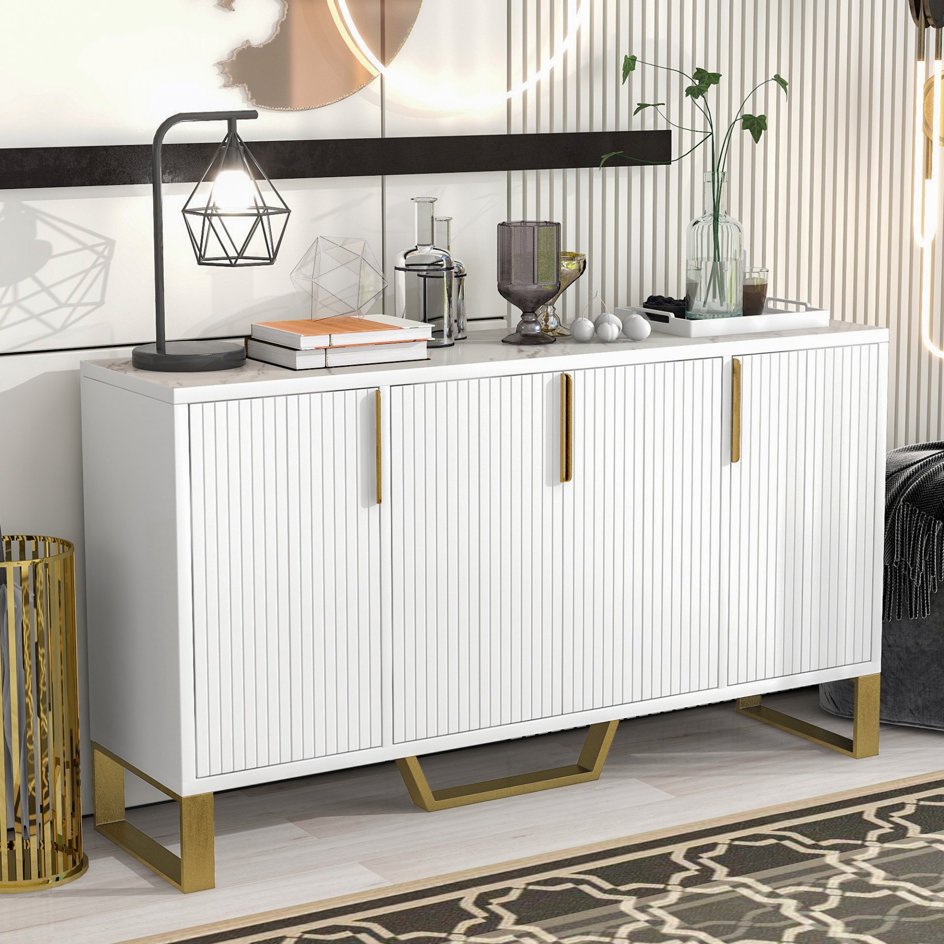 Modern Sideboard With Four Doors, Metal Handles & Legs And Adjustable Shelves Kitchen Cabinet - White - Image 4
