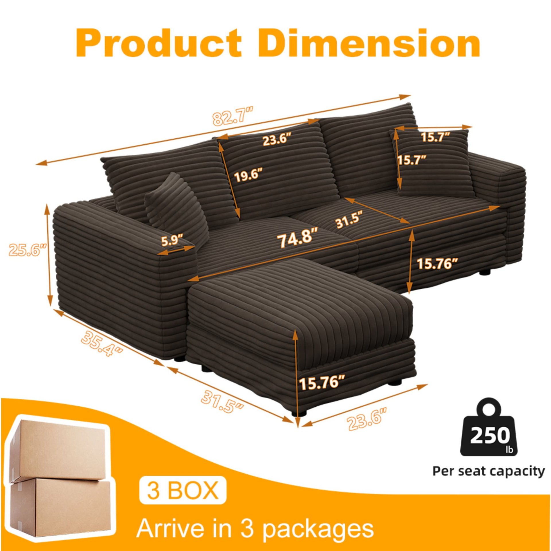 3 Seat Sofa, Deep Seat Couches With Soft Pillows And 1 Ottomans, Convertible Sofa Lounge Chair, For Living Room - Camel - Image 8