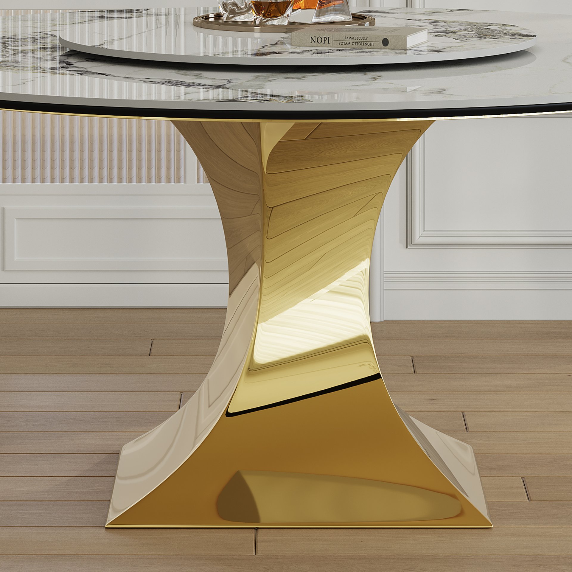 Luxury Round 59" Sintered Stone Dining Table With Stainless Steel Hourglass Base, Scratch & Heat Resistant Surface - Golden / White - Image 4