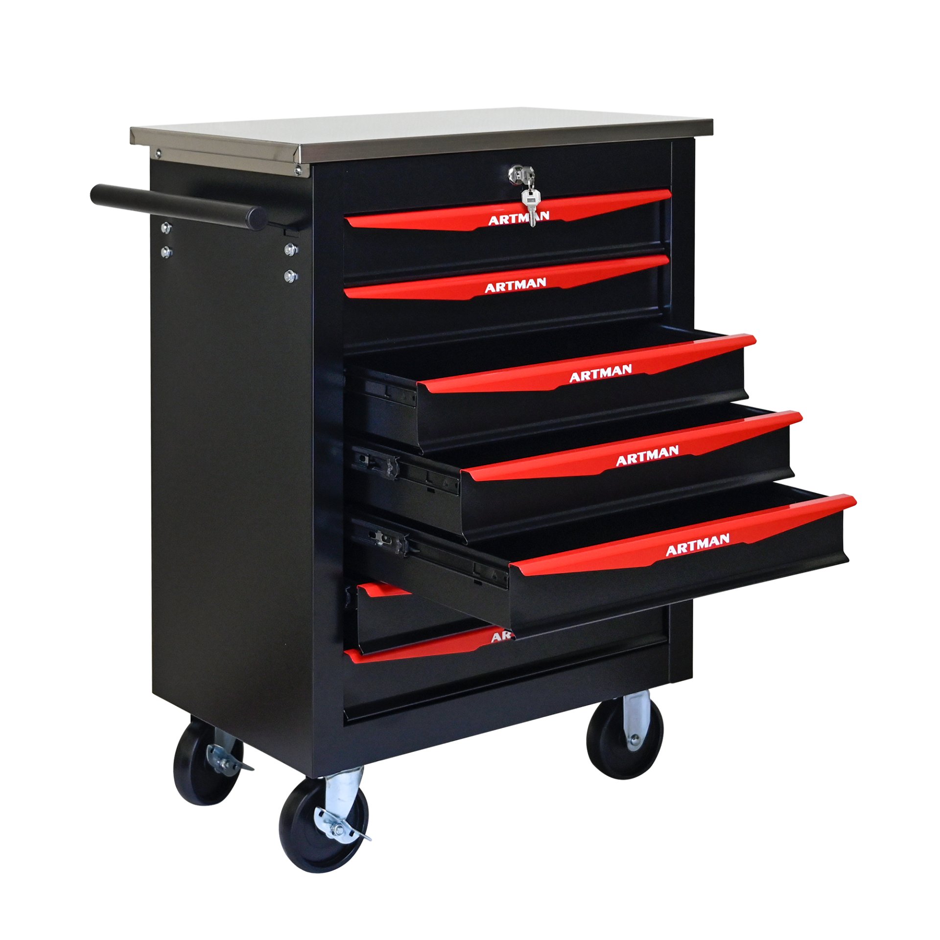 7 Drawer Multifunctional Tool Cart With Wheels, Metal Rolling Tool Cart Storage For Garage Workshop Warehouse Repair Shop With Stainless Steel Roof - Black / Red - Image 8