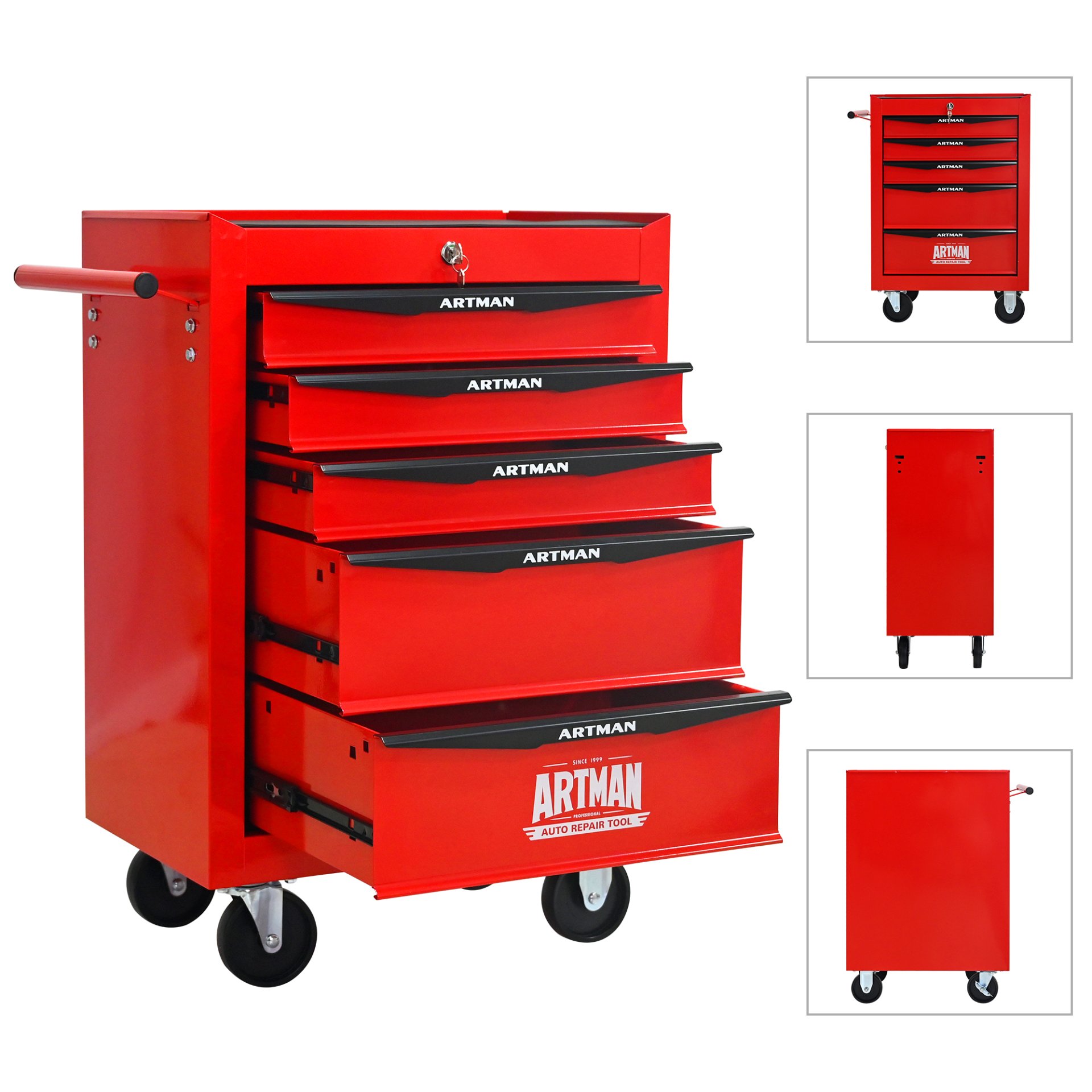 Rolling Metal Tool Chest With 5 Drawers, 20" Steel Storage Cabinet With Ball Bearing Slides - Red / Black - Image 7