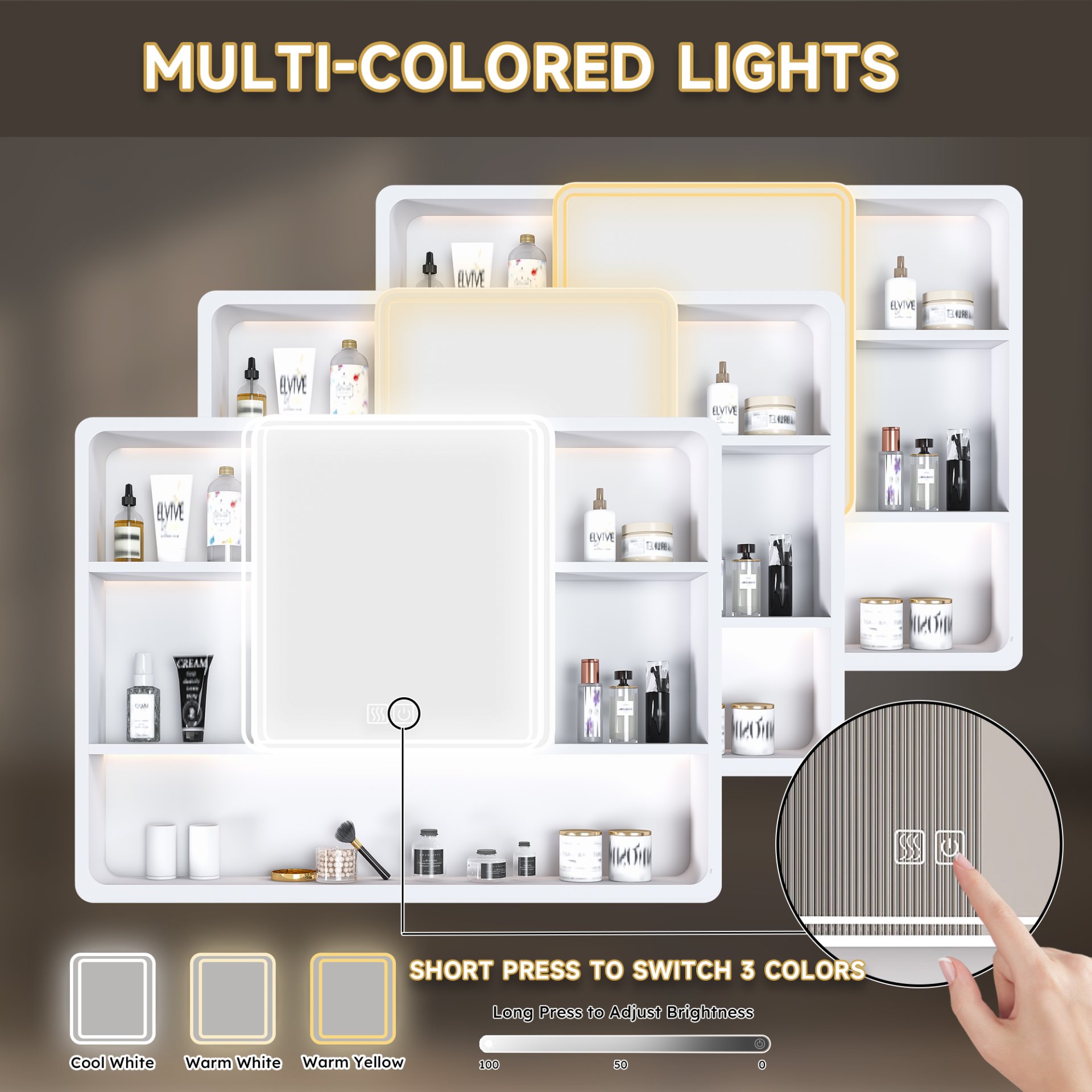Aluminium Medicine Cabinet Mirror With 3 Colors LED Light And Defogging Function - White - Image 9