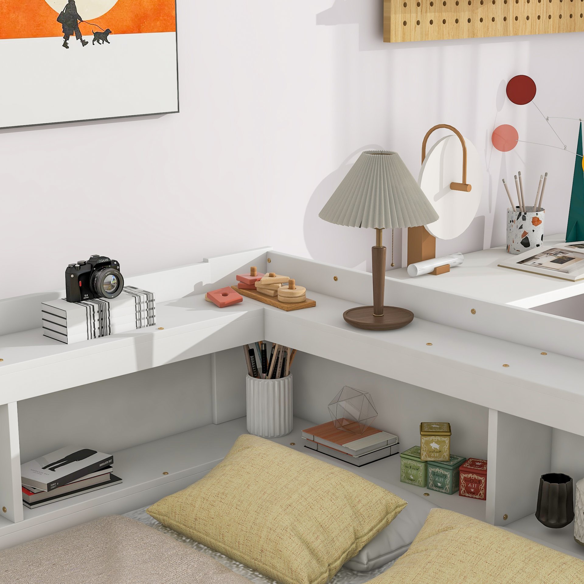 Full Bed With L-Shaped Bookcases, Drawers - White - Image 6