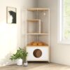 Corner Cat Tower, Cat Tree With Scratching Post, Cat Condo With Feeding Station And Climbing Platforms, Pet Furniture For Indoor Cats - White / Light Oak - Image 2