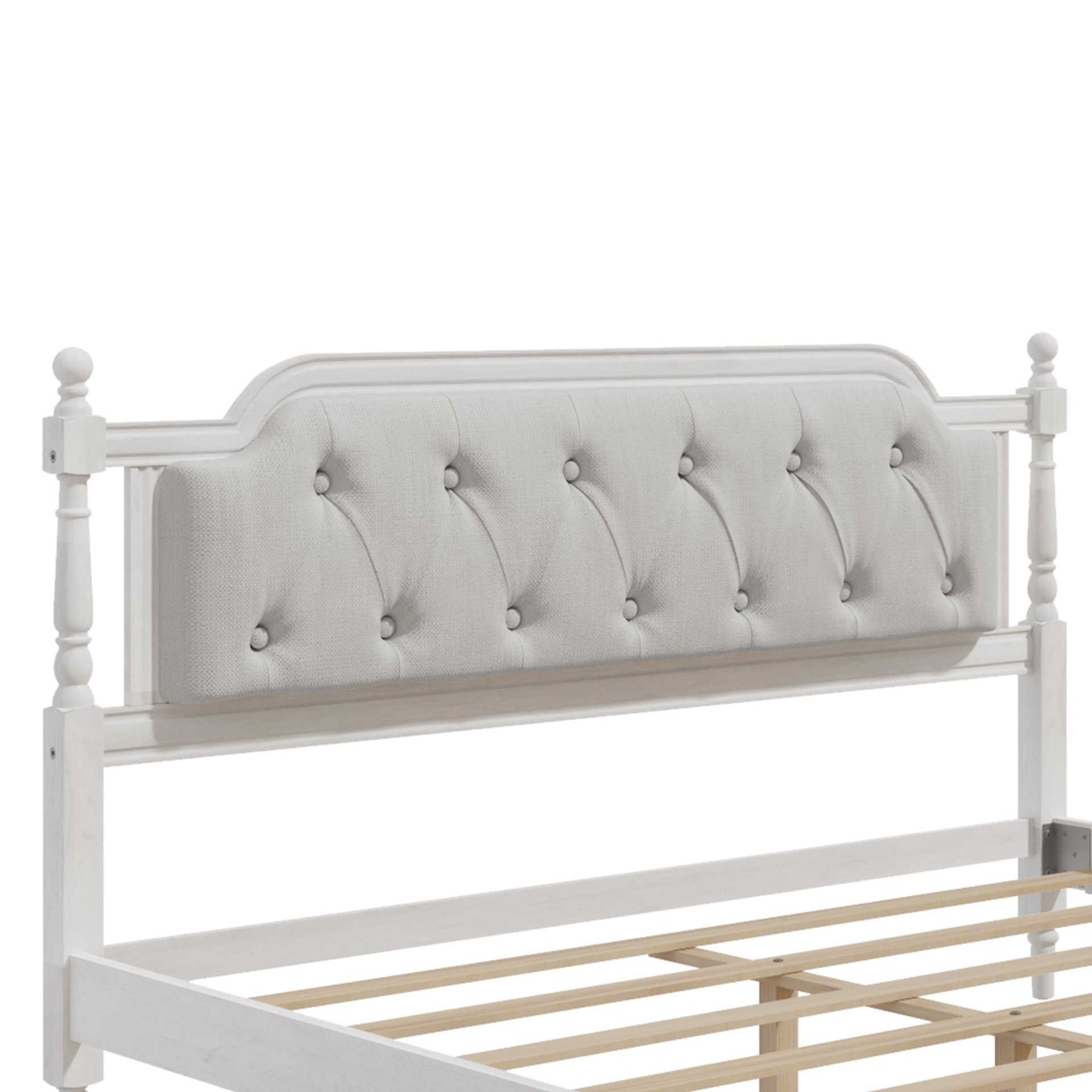 Traditional Style Solid Bed Frame With Upholstered Tufted Headboard, No Box Spring Needed, Queen Size - Antique White - Image 6