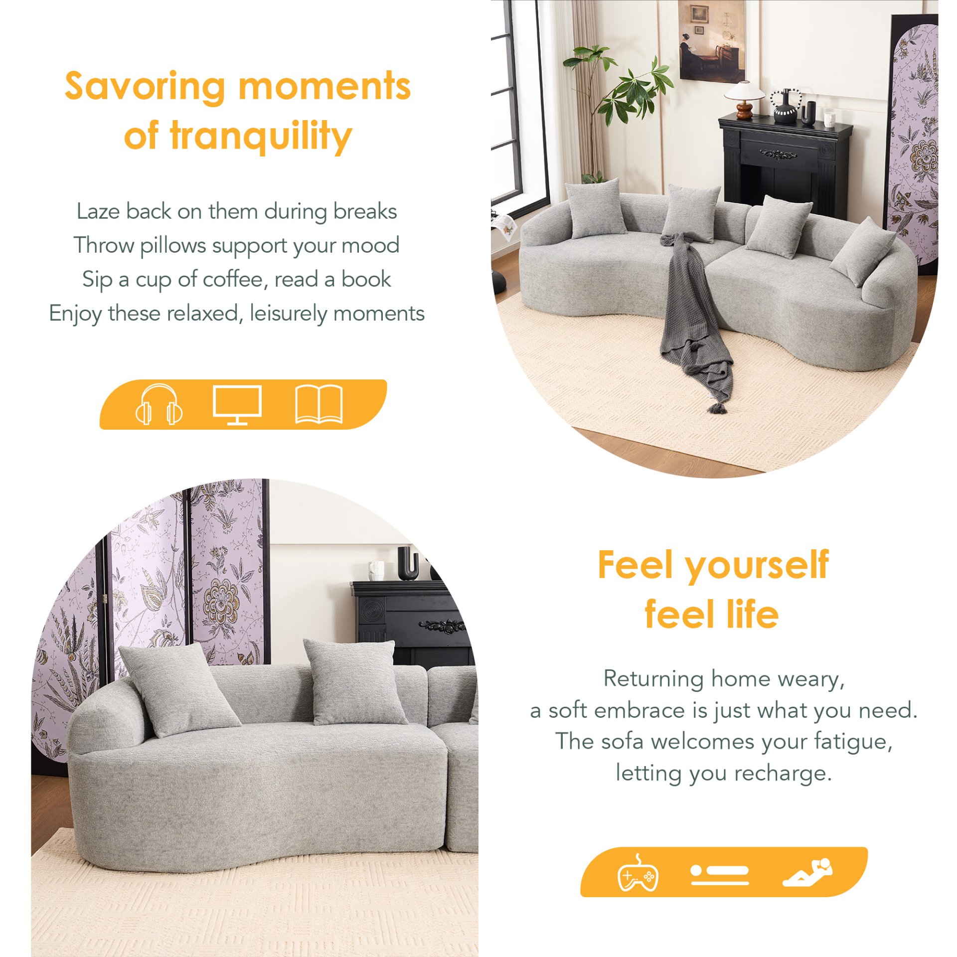 4 Seater Sofa With Chenille Fabric, 30D, 60 Hardness Full Sponge, 4 Pillow For Living Room, Home Furniture Sleeper Sectional Sofa For Apartment - Gray - Image 15