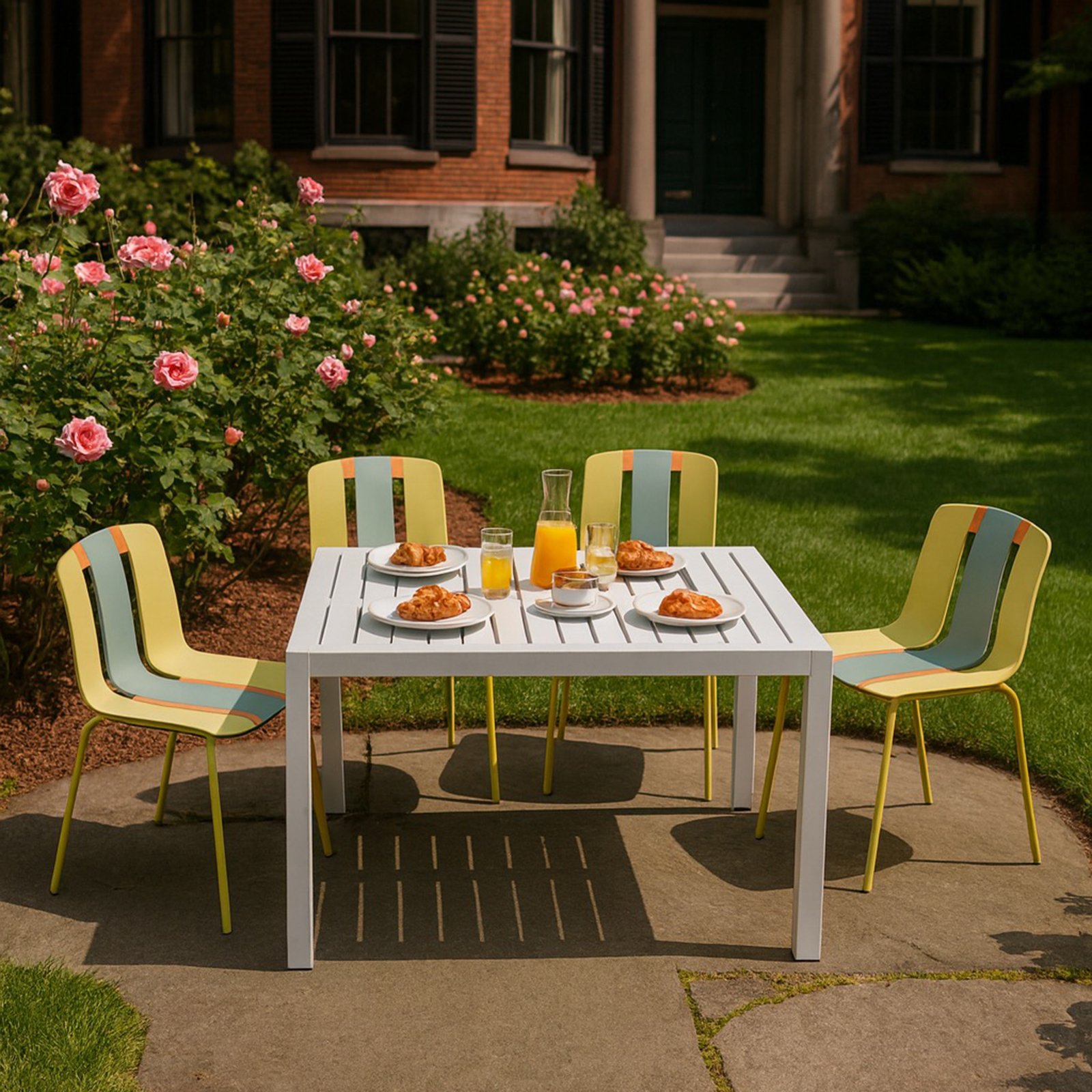 4 Piece Set Of Striped Color Blocking Single Chairs With Long Table - Grain Yellow / Haze Green / Tropical Orange / White - Image 7