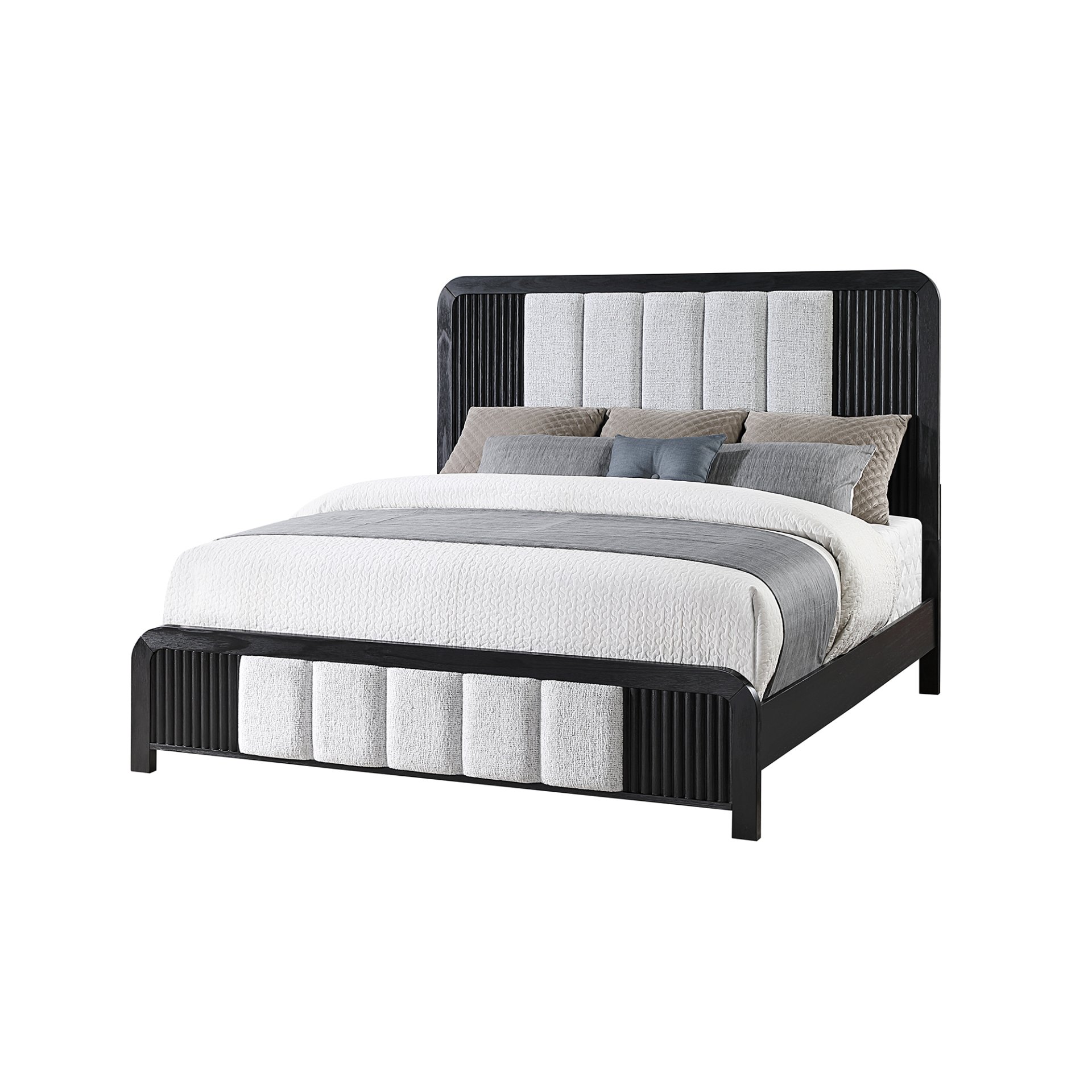 Beverly - Queen Bed With Fluted Detailing, Upholstered Headboard And Footboard, Low Profile Design - Black White - Image 4