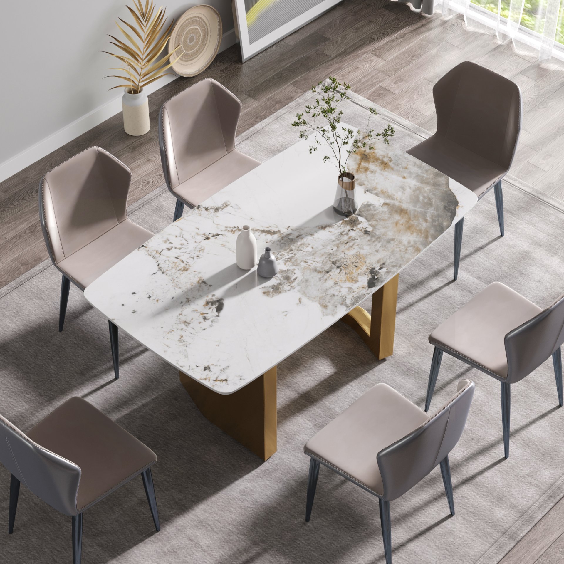 63" Artificial Stone Pandora White Curved Golden Metal Leg Dining Table, 6 People - Antique White / Gold - Image 4