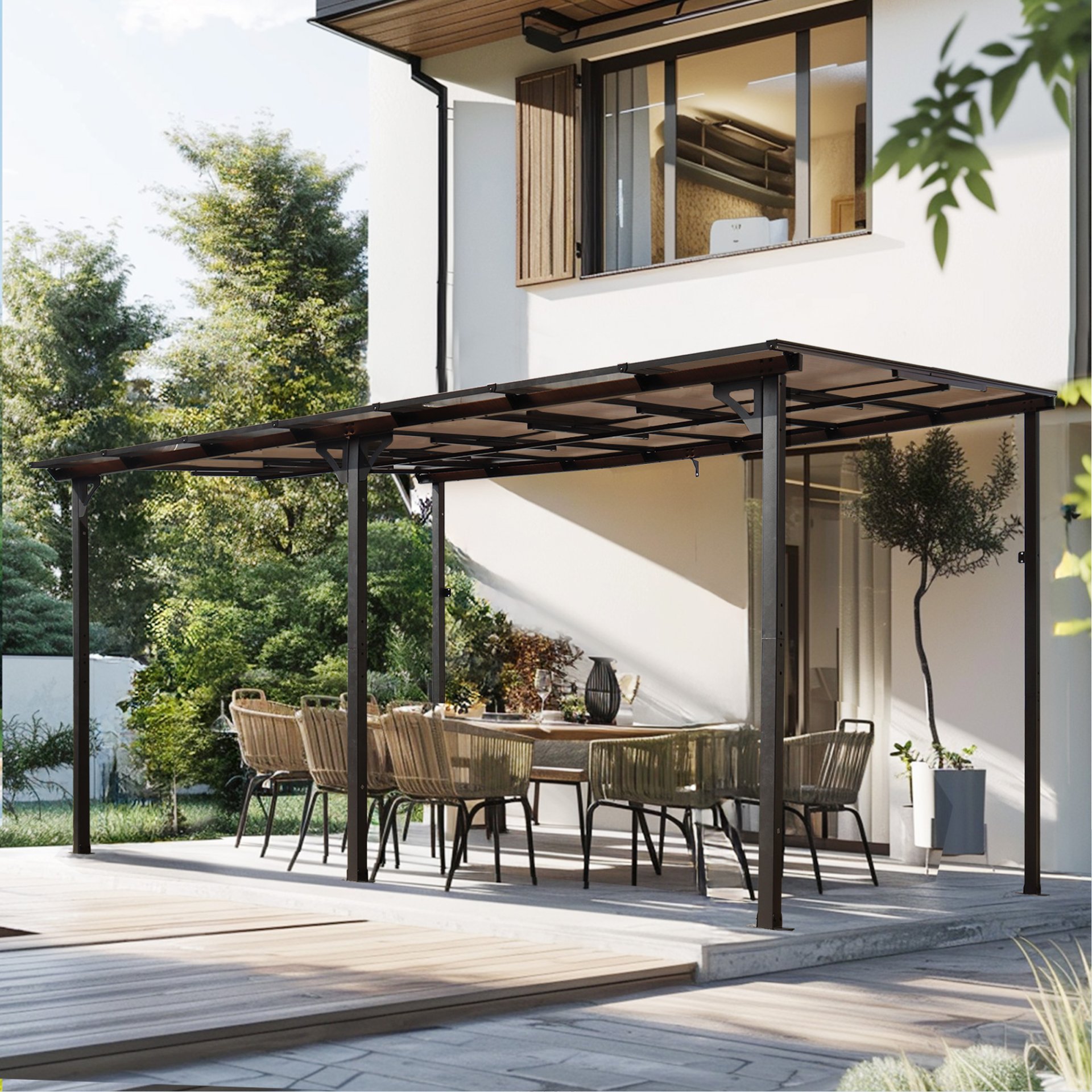 Outdoor Pergola Gazebo, Wall Mounted Lean To Metal Awning Gazebo With Roof, Large Heavy Duty For Patio, Decks, Backyard - Gray - Image 11