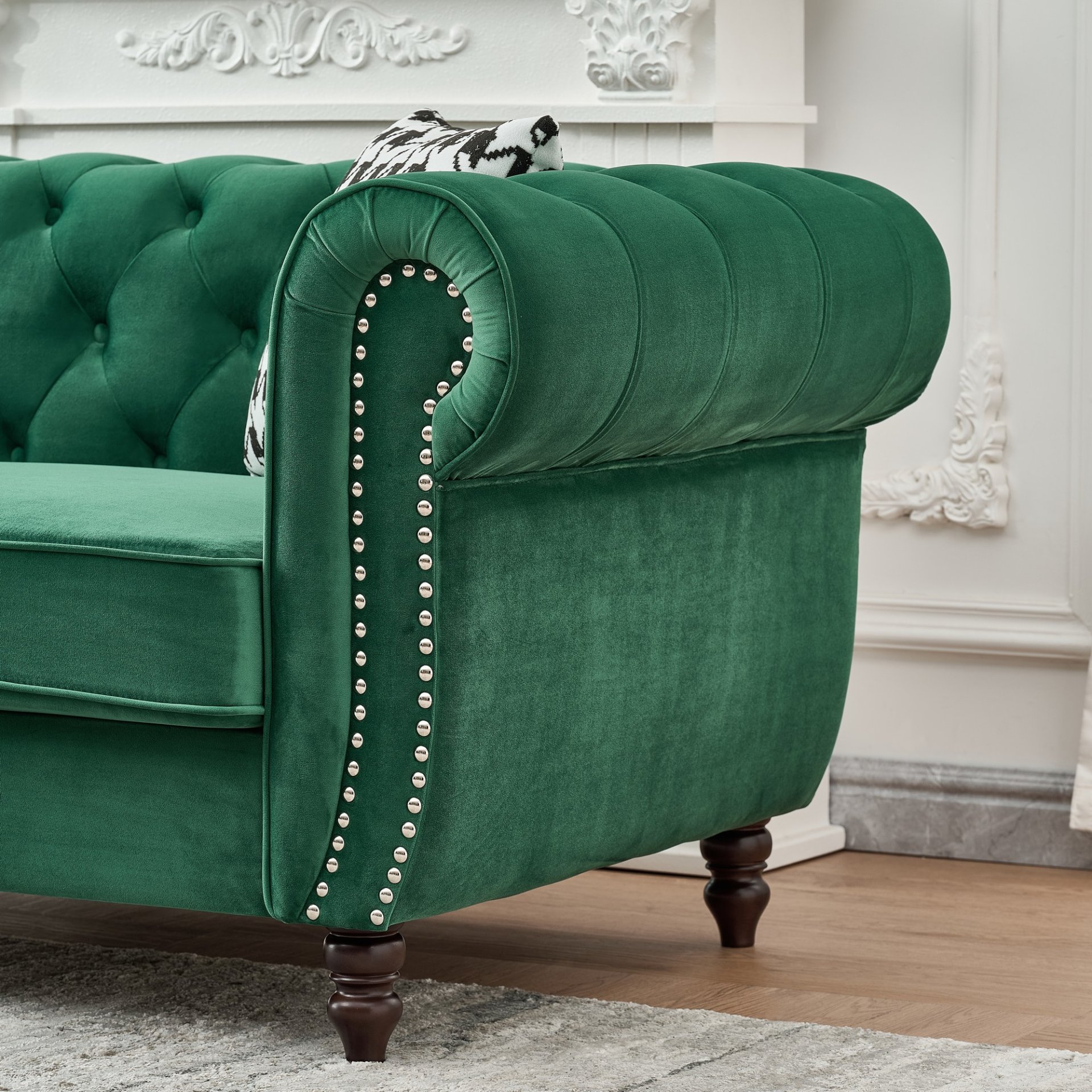 Chesterfield Sofa With Roll Armrest & Nailhead, 3 And 2 Seater - Green - Image 16