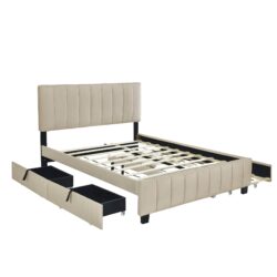 Queen Platform UpholsteredBed With 2 Drawers And Twin Long Trundle - Beige