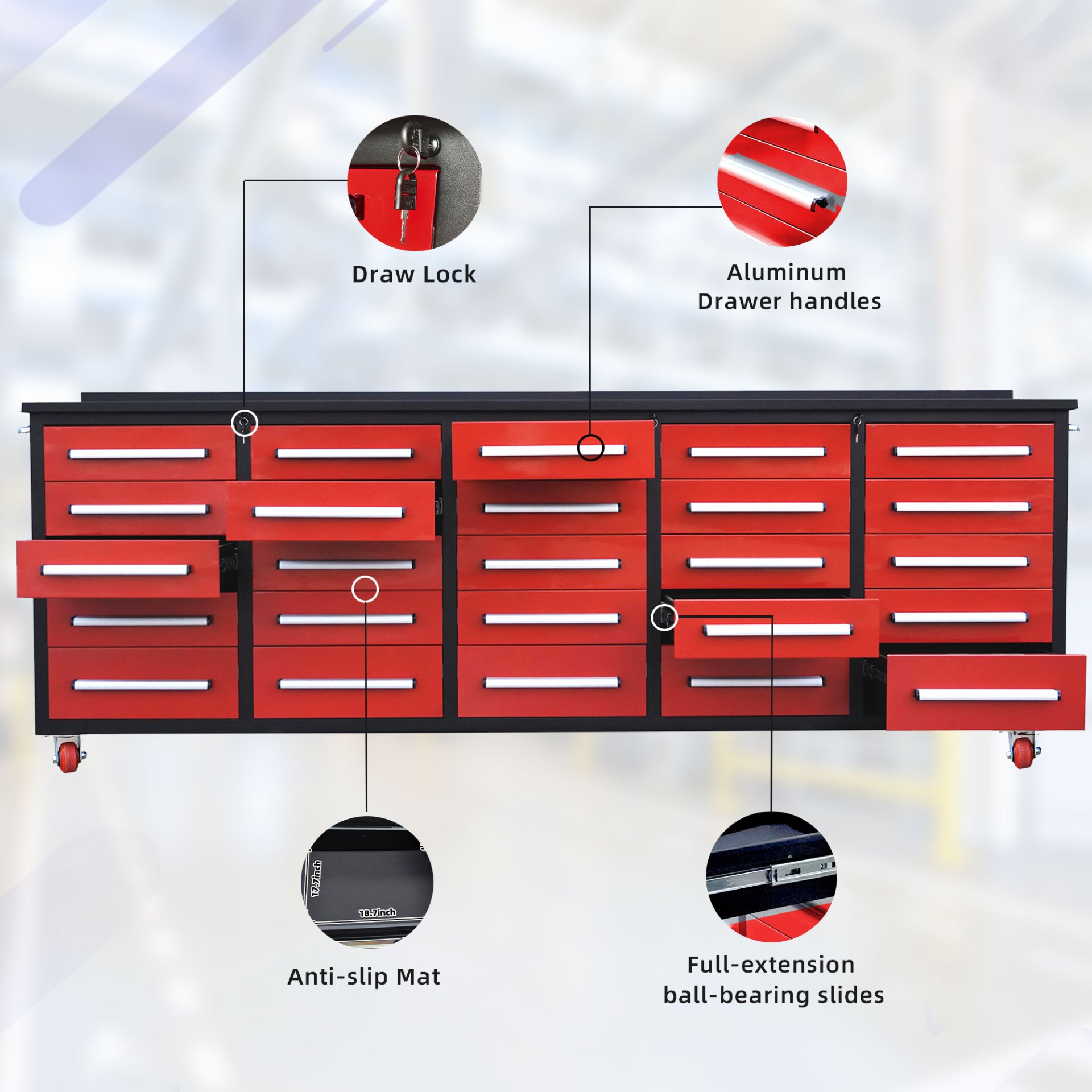 Workbench With Storage Drawers (25 Drawers) - Red - Image 4