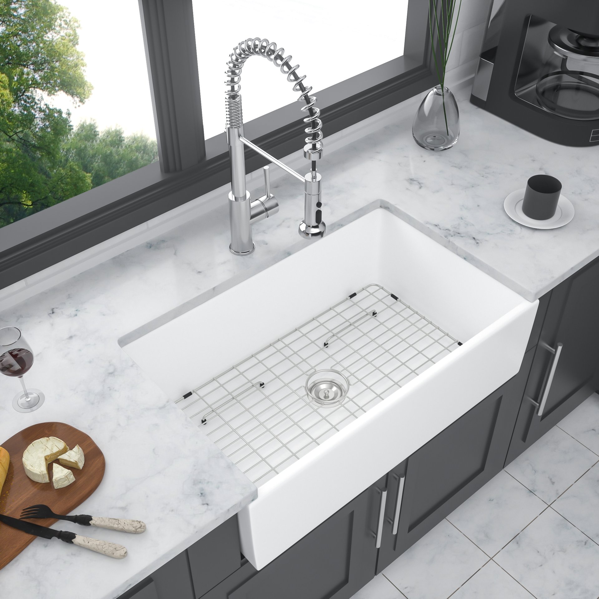 Sink 36" Single Bowl Kitchen Sink With Deep Basin And Grid - White - Image 5