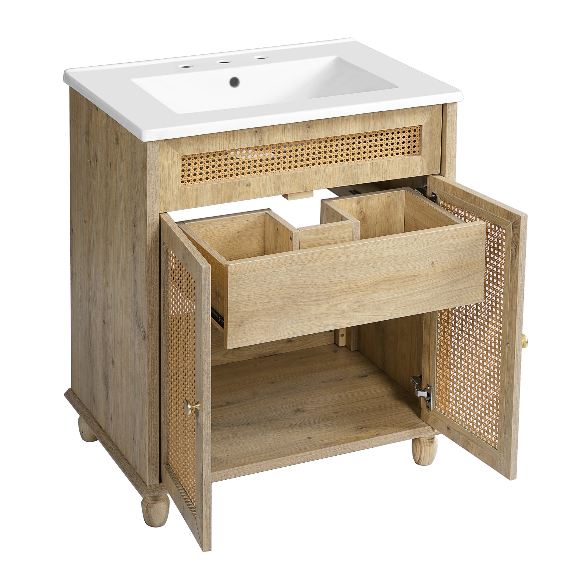 Bathroom Vanity With Handwoven Rattan Doors, Resin Basin - Natural Wood - Image 11