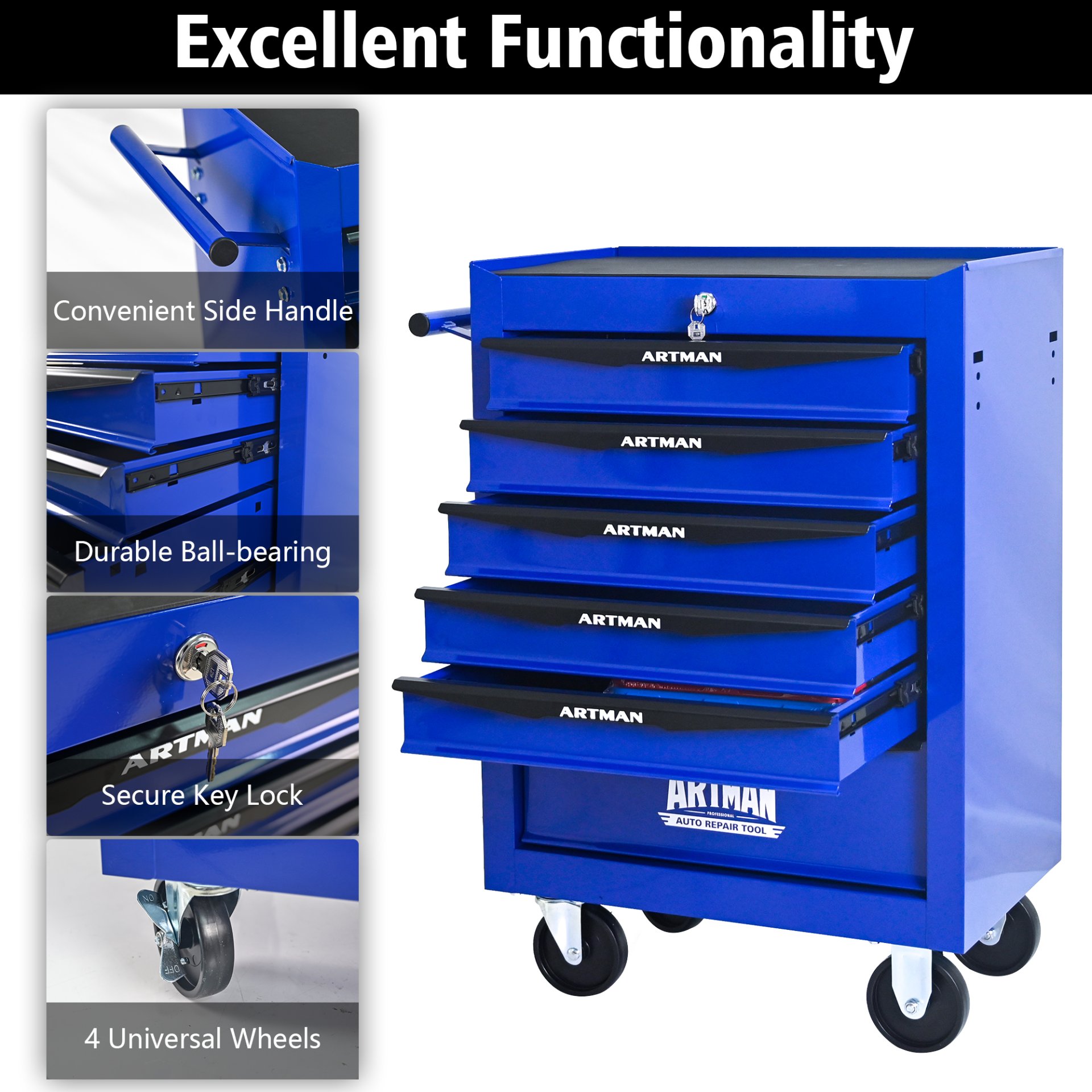 Rolling Metal Tool Chest With 6 Drawers, 20" Steel Storage Cabinet With Ball Bearing Slides - Black / Blue - Image 6