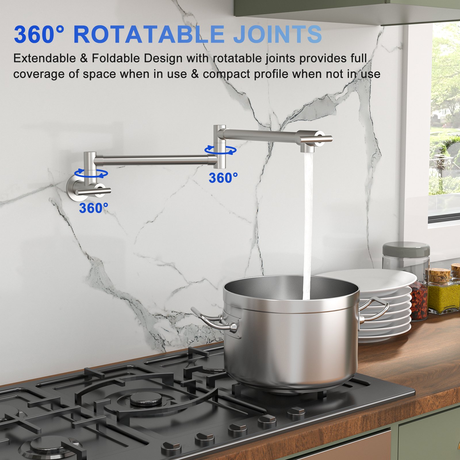 Wall Mount Pot Filler Faucet Folding Stretchable Kitchen Sink Faucet With 2 Handles - Brushed Nickel - Image 7