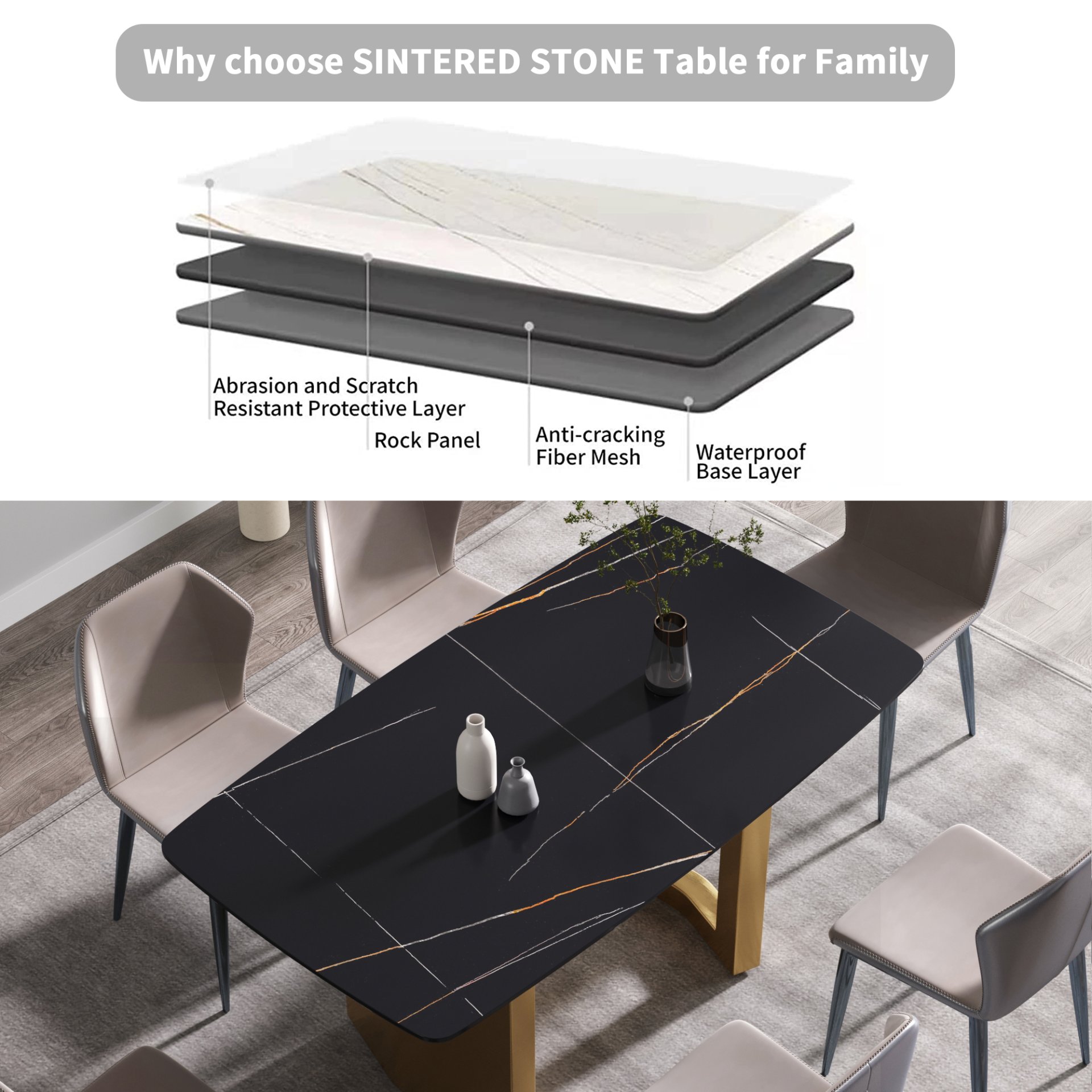 63" Artificial Stone Curved Golden Metal Leg Dining Table, 6 People - Black / Gold - Image 11