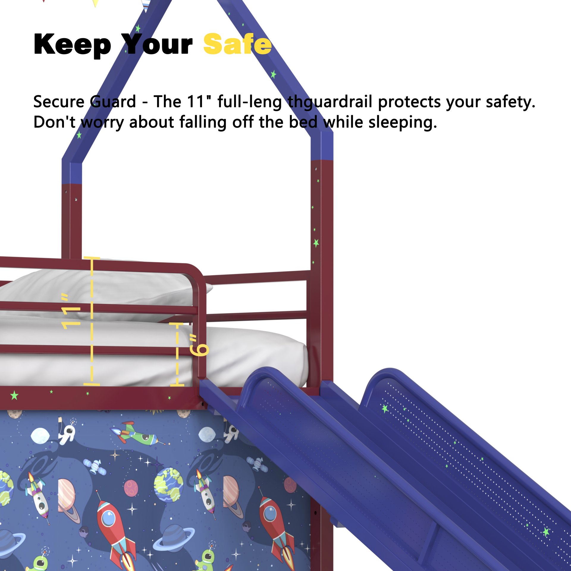 Jack - House Twin Loft Bed With Slide And Curtain Set, Superhero - Red / Blue - Image 17