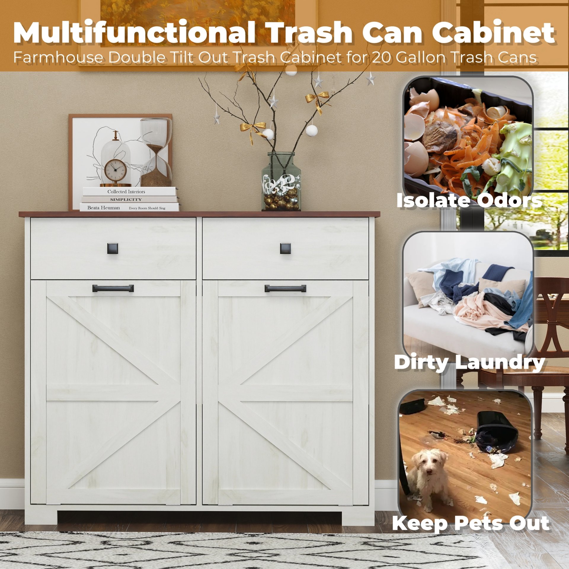Barn Door Double Tilt Out Trash Cabinet For 20 Gallon Cans With Free Standing Recycling And Laundry Storage - Brown / Antique White - Image 8