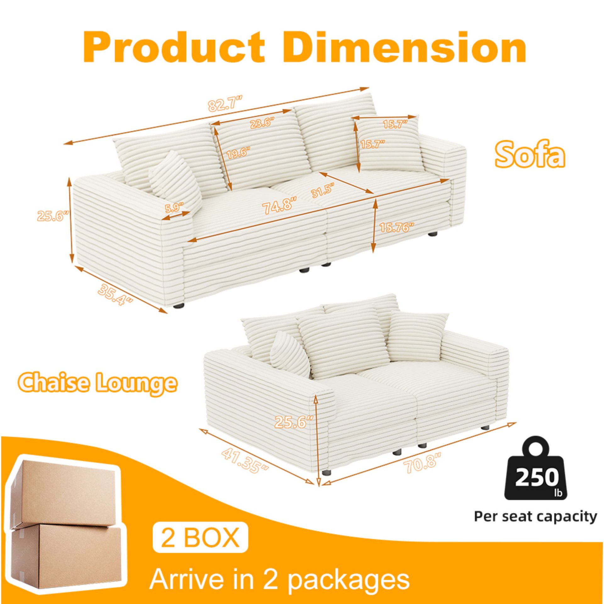 3 Seat Sofa, Convertible Deep Seat Sofa Lounge Chair For Living Room - Beige - Image 4