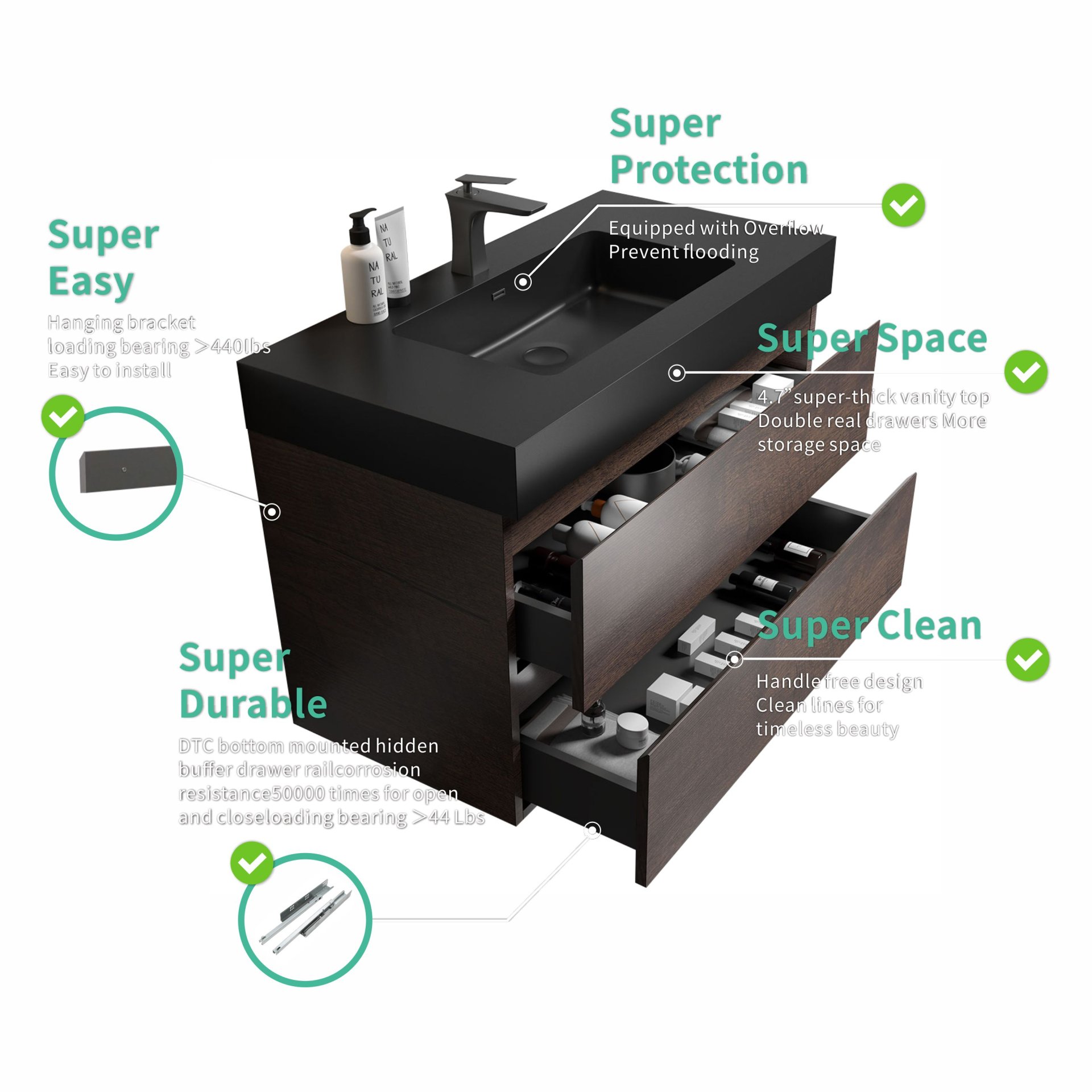 Alice - 36" Bathroom Vanity With Sink, Large Storage Wall Mounted Floating Bathroom Vanity For Modern Bathroom, One-Piece Sink Basin Without Drain And Faucet - Walnut / Black - Image 6