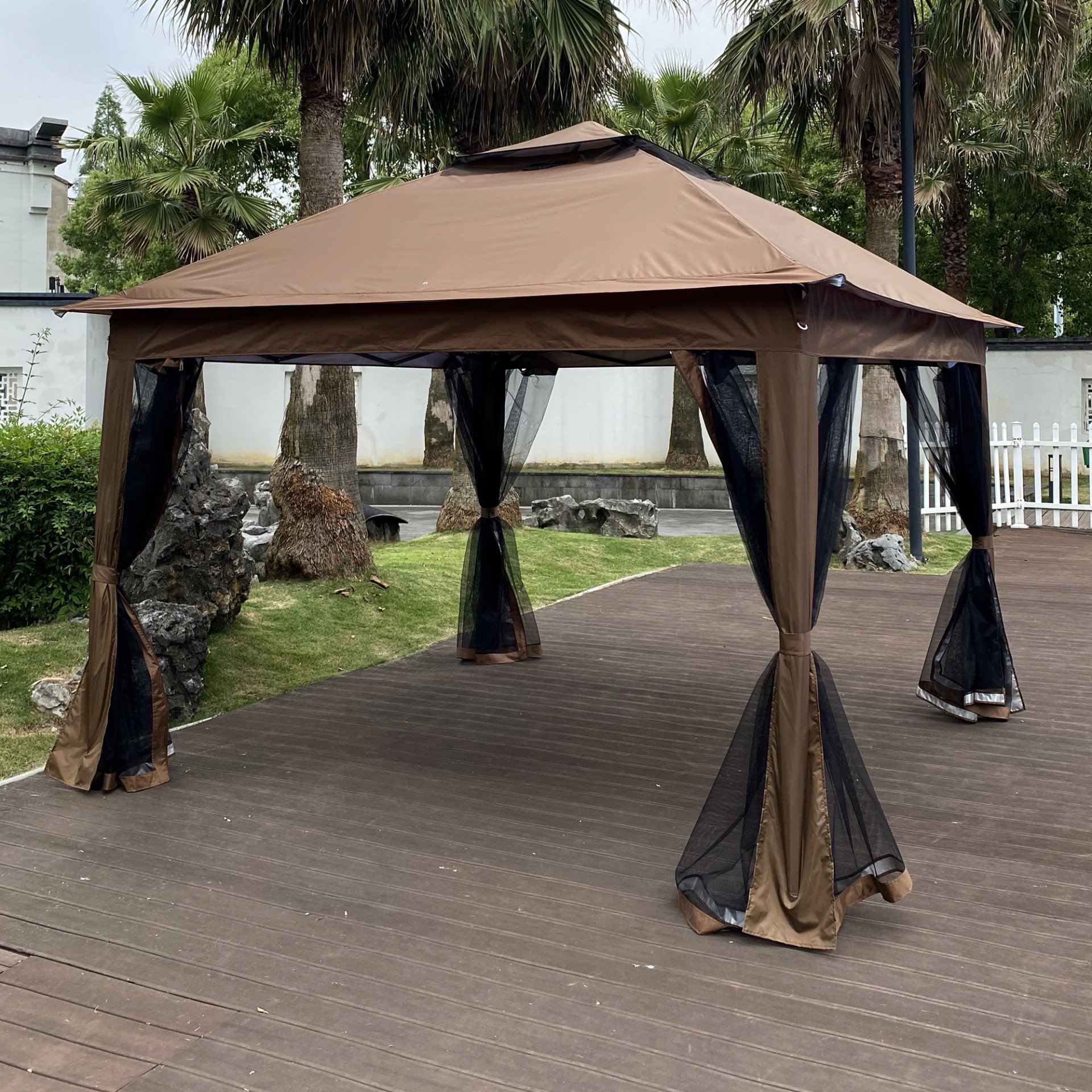 Outdoor 11X 11Ft Pop Up Gazebo Canopy With Removable Zipper Netting, 2 Tier Soft Top Event Tent, Suitable For Patio Backyard Garden Camping Area With 4 Sandbags - Brown - Image 9